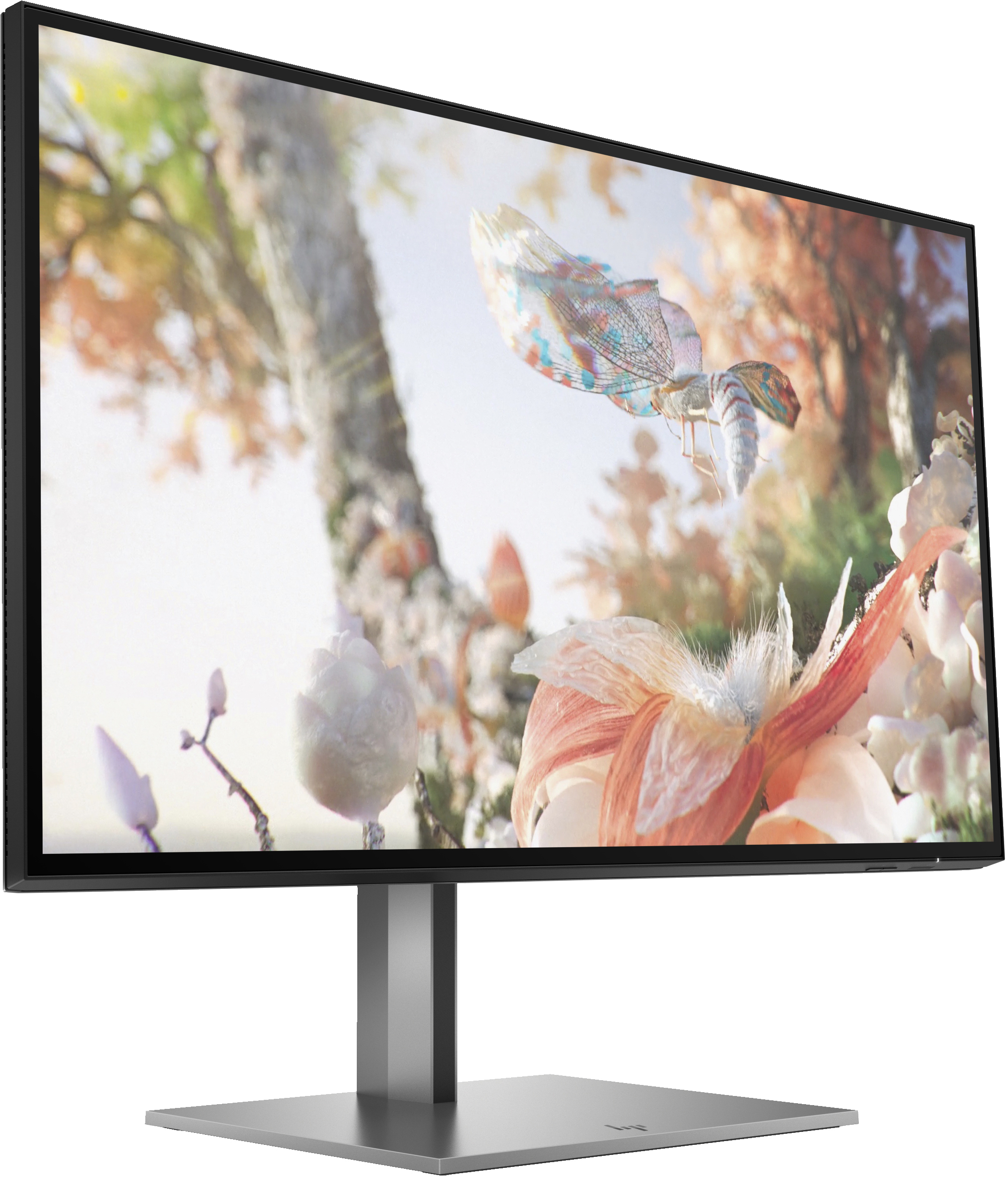 Monitor zeigt eine Szene mit einem Schmetterling und Blumen. Silberner Ständer, weißer Hintergrund.