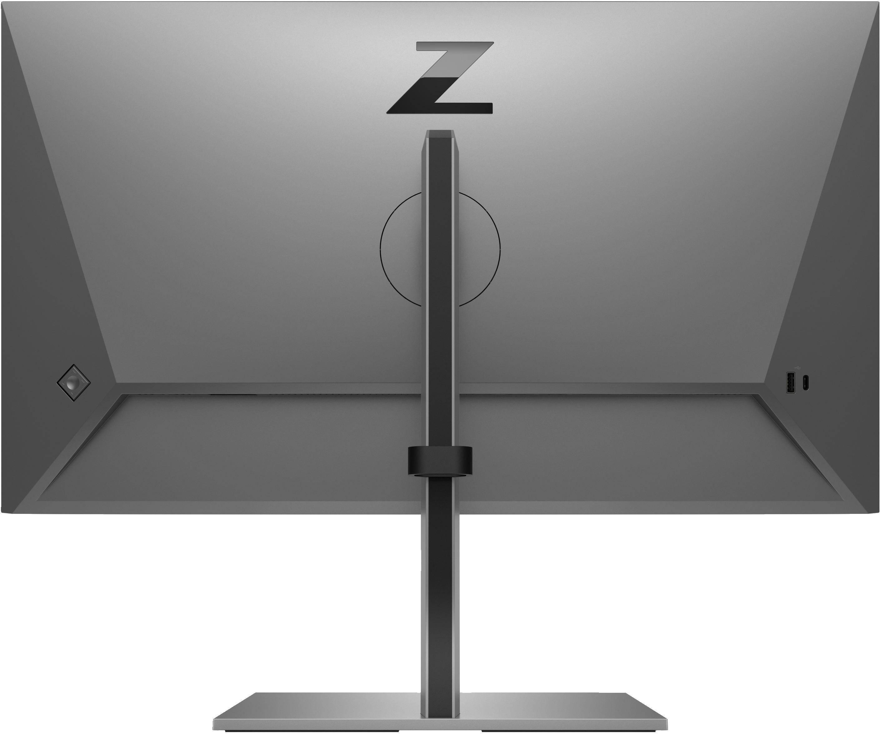 Rückseite eines Monitors mit dem 'Z'-Logo, zeigt Anschlüsse und ein stabiles Ständerdesign.