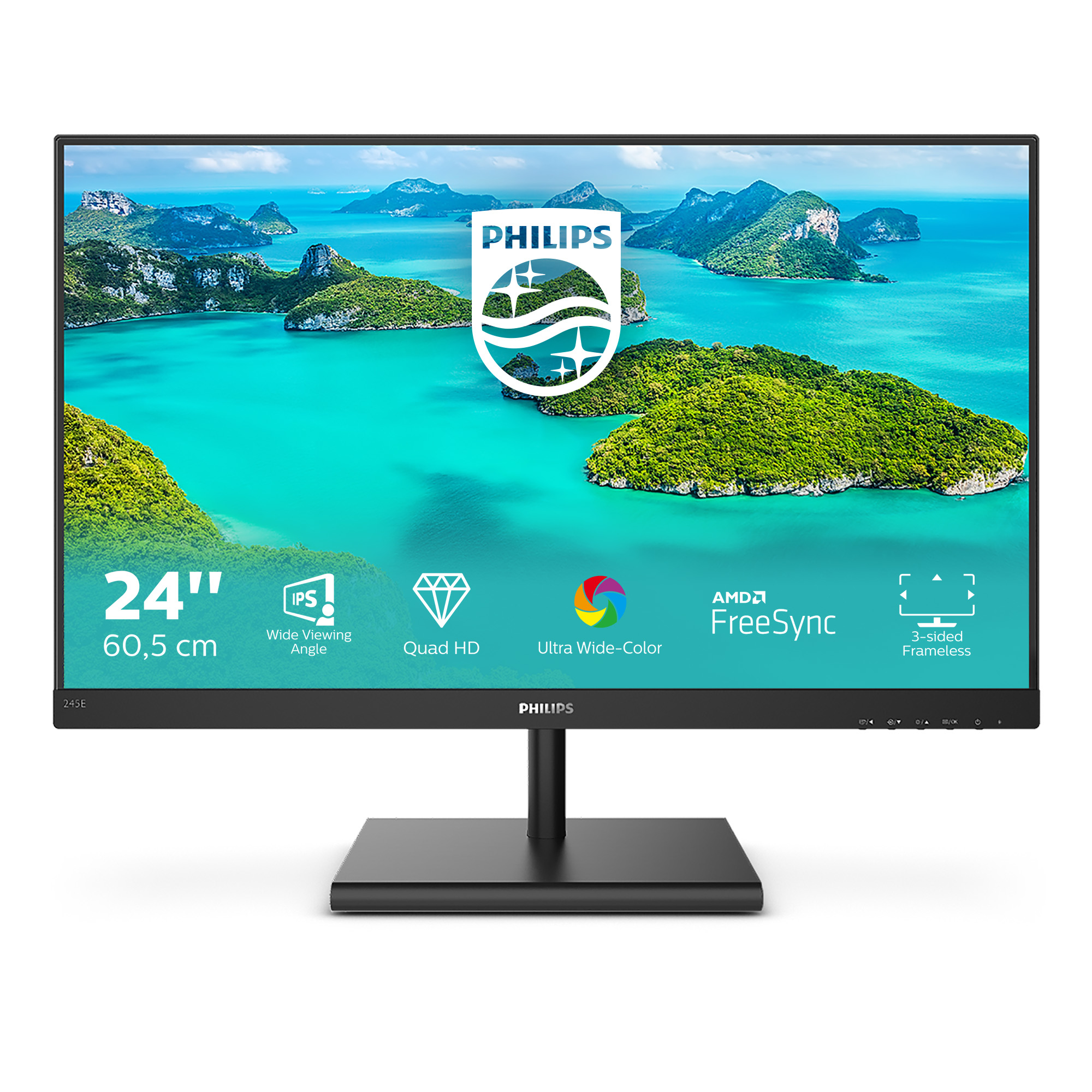 24-calowy monitor Philips ze sceną krajobrazową. Na czarnym stojaku.