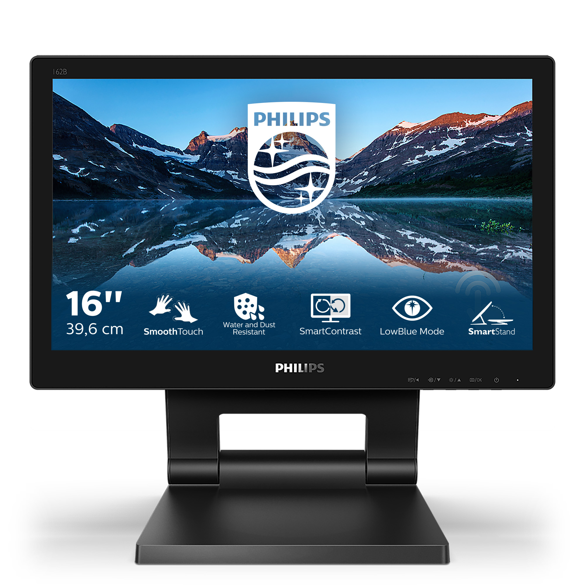 Czarny monitor, scena krajobrazowa, widok z przodu. Logo Philips i tekst na ekranie.