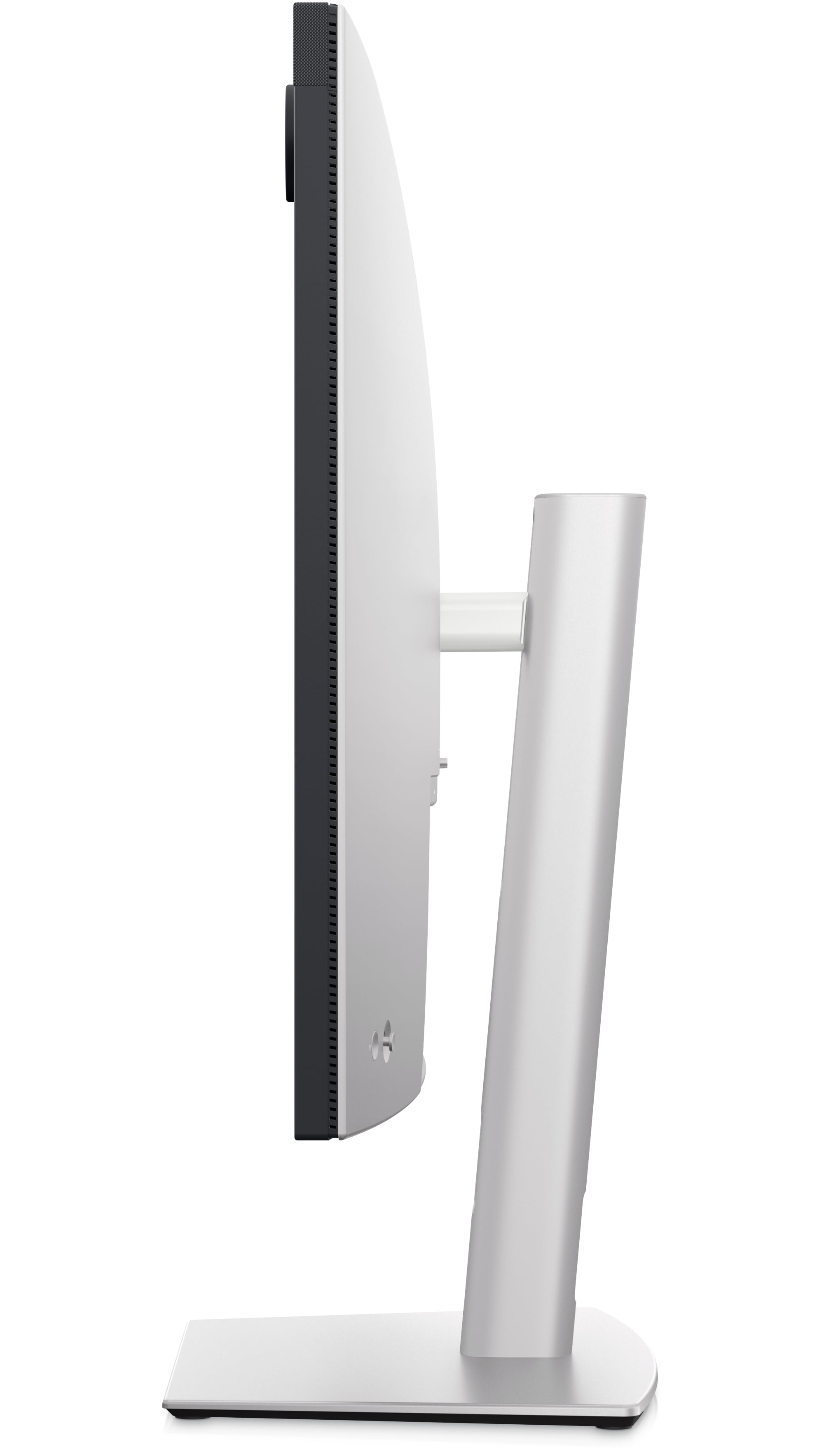 Widok z boku monitora z białym ekranem, czarną ramką i srebrną podstawą. Design jest elegancki.