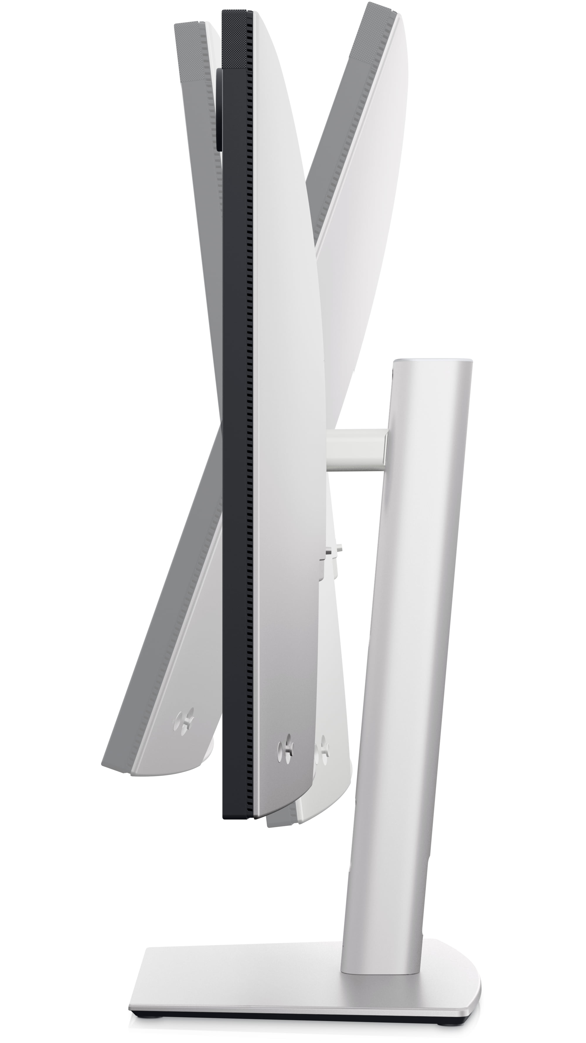 Widok z boku białego monitora komputerowego, regulowanego, biała podstawka, białe tło.