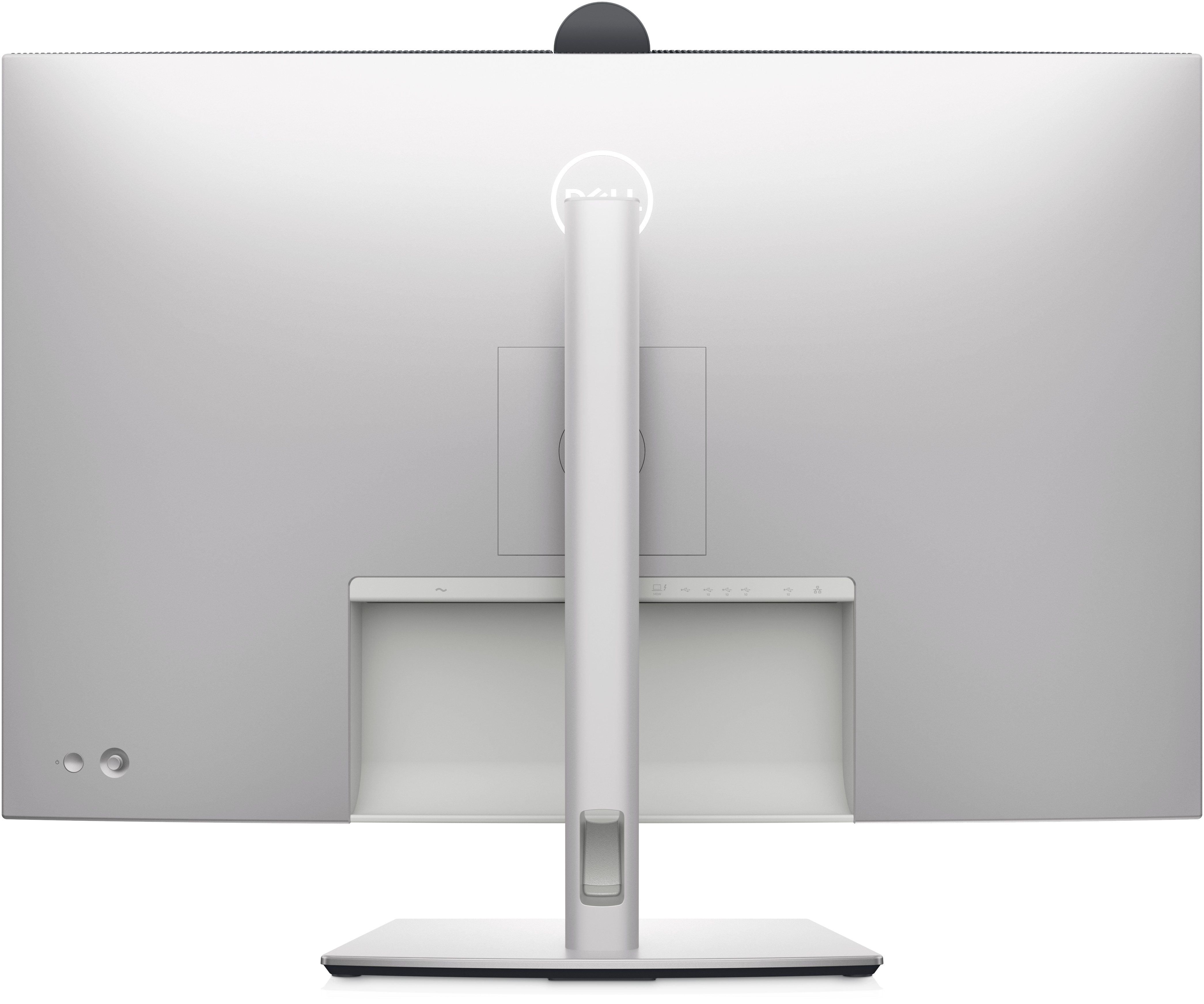 Widok z tyłu monitora Dell: podstawa, logo i porty widoczne.