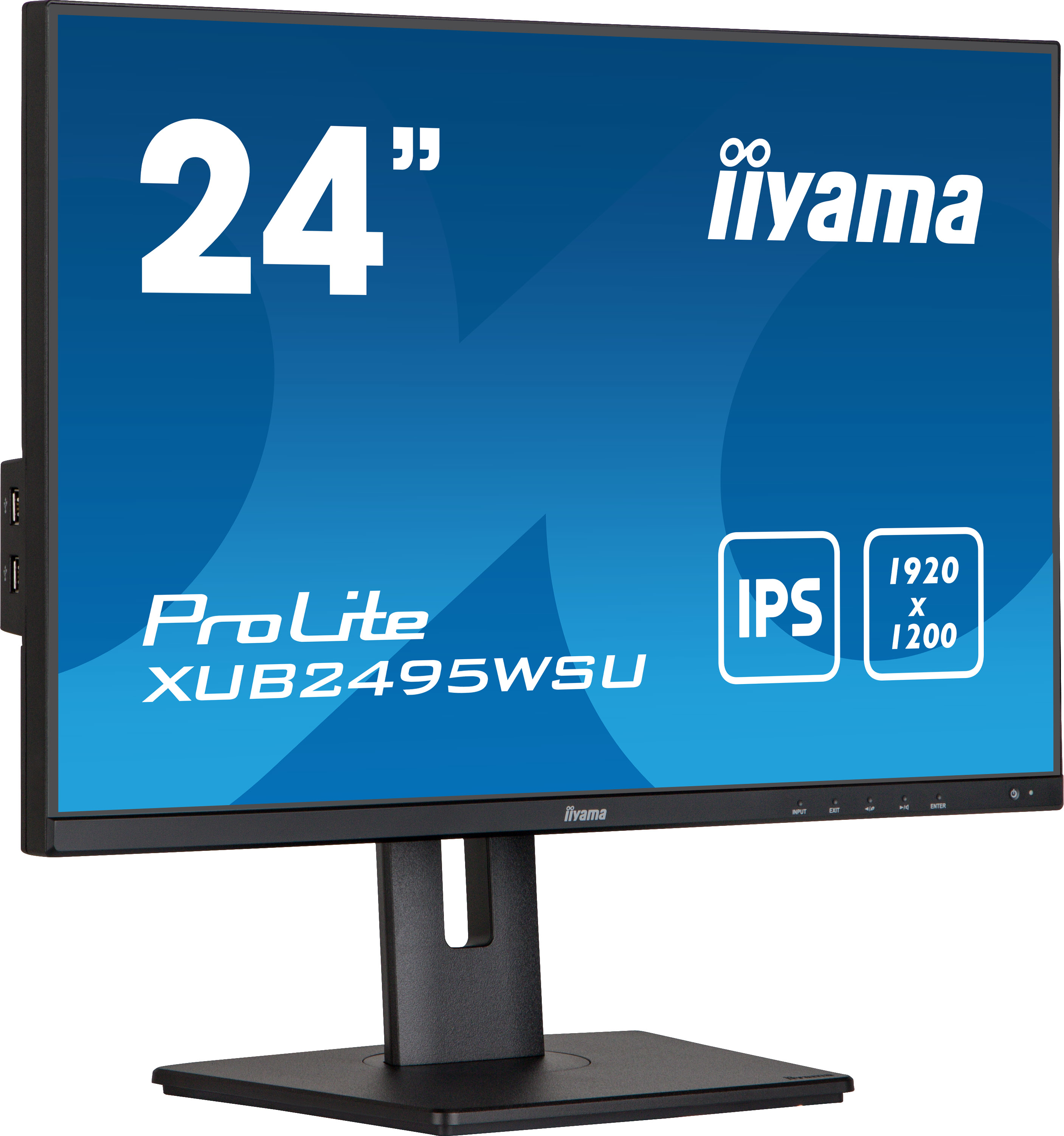 Un monitor negro con texto e iconos. El monitor tiene un soporte negro. El fondo es azul.