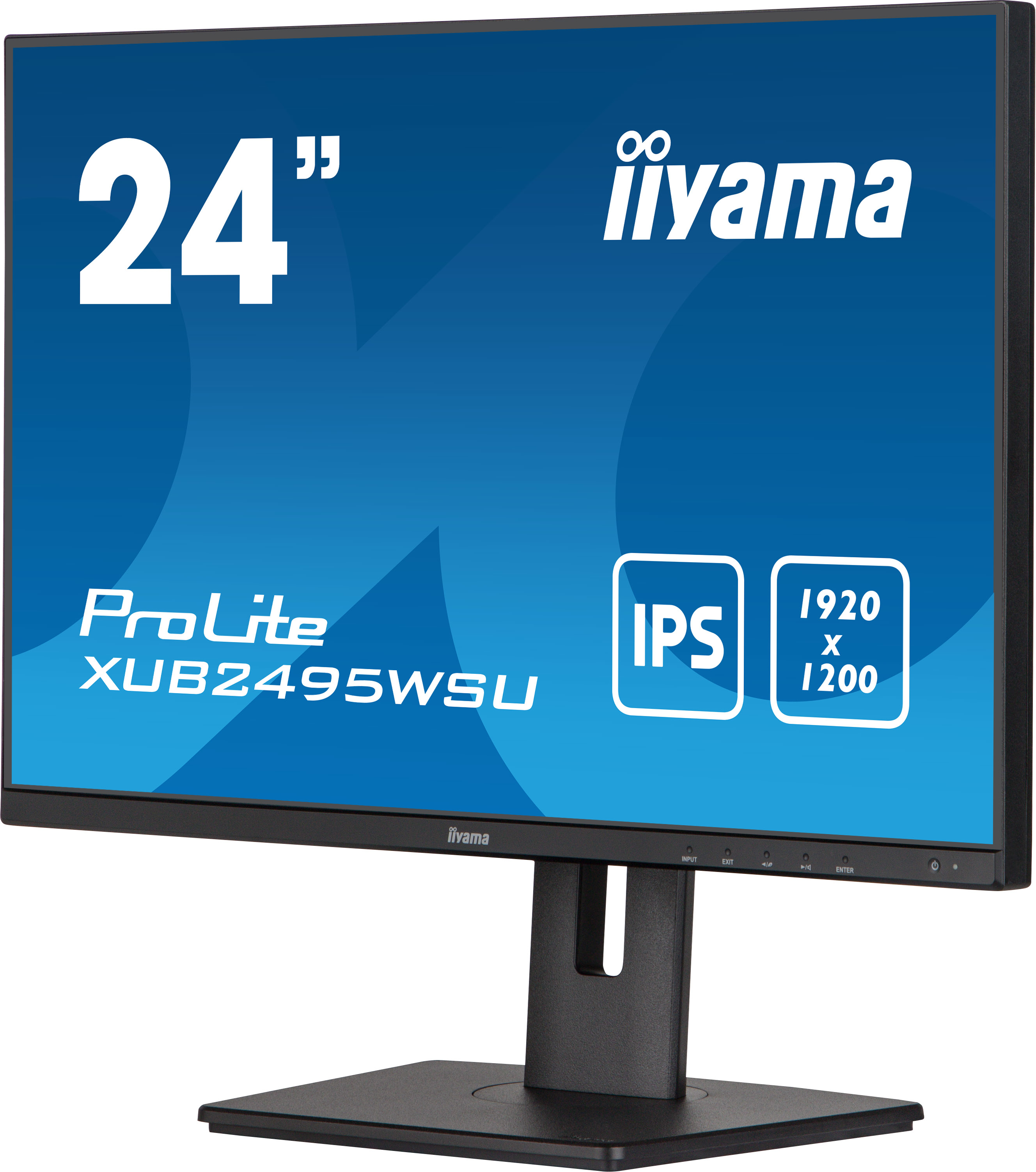 Vista frontal de un monitor Iiyama de 24 pulgadas con marco negro y fondo azul.