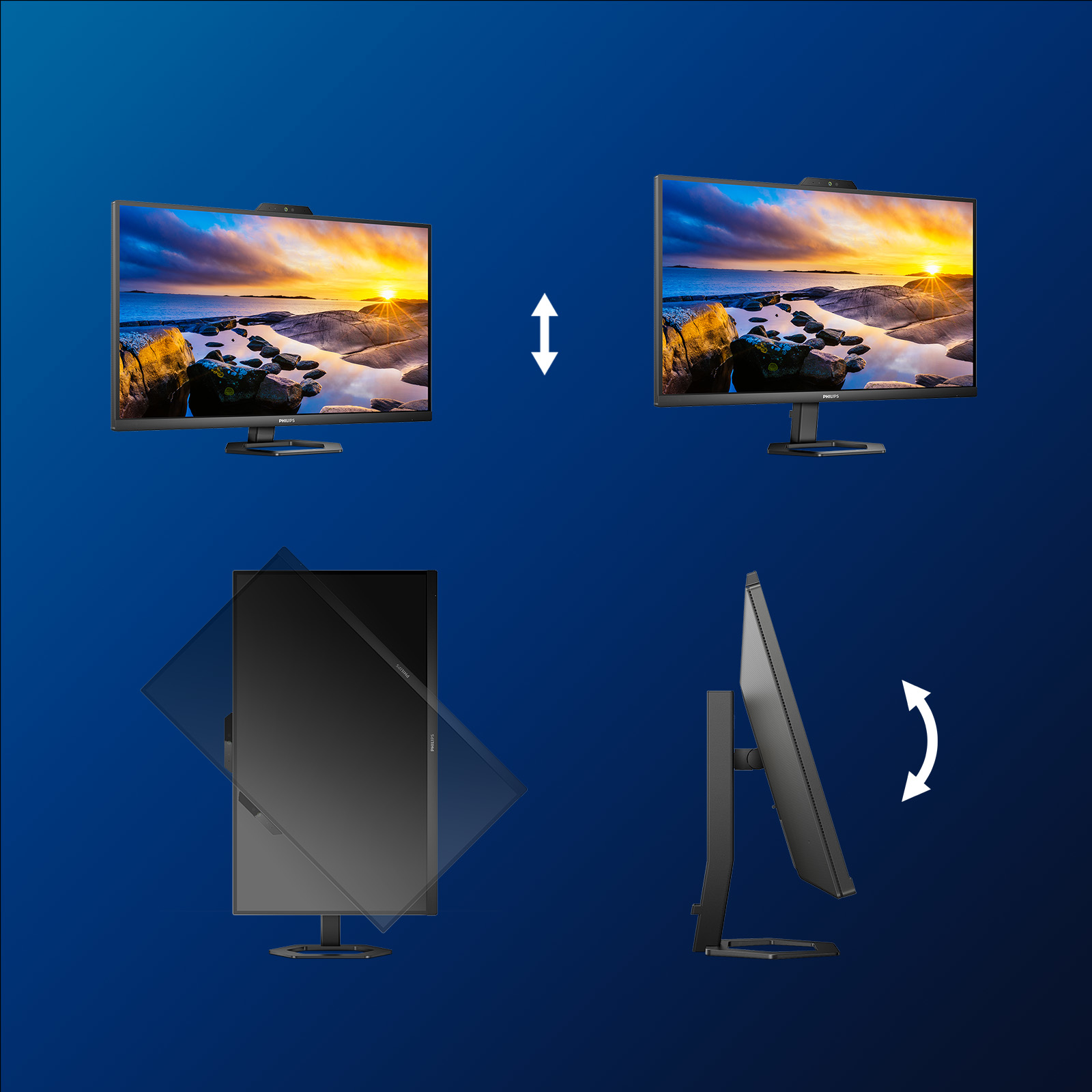 A monitor with a sunset scene is shown, with illustrations of height and tilt adjustments.