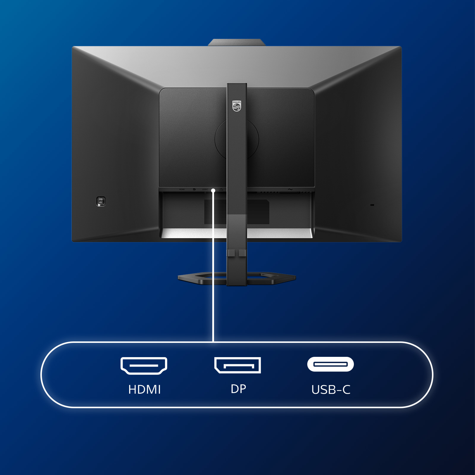 Back view of a Philips monitor. HDMI, DP, and USB-C ports are highlighted with white lines.