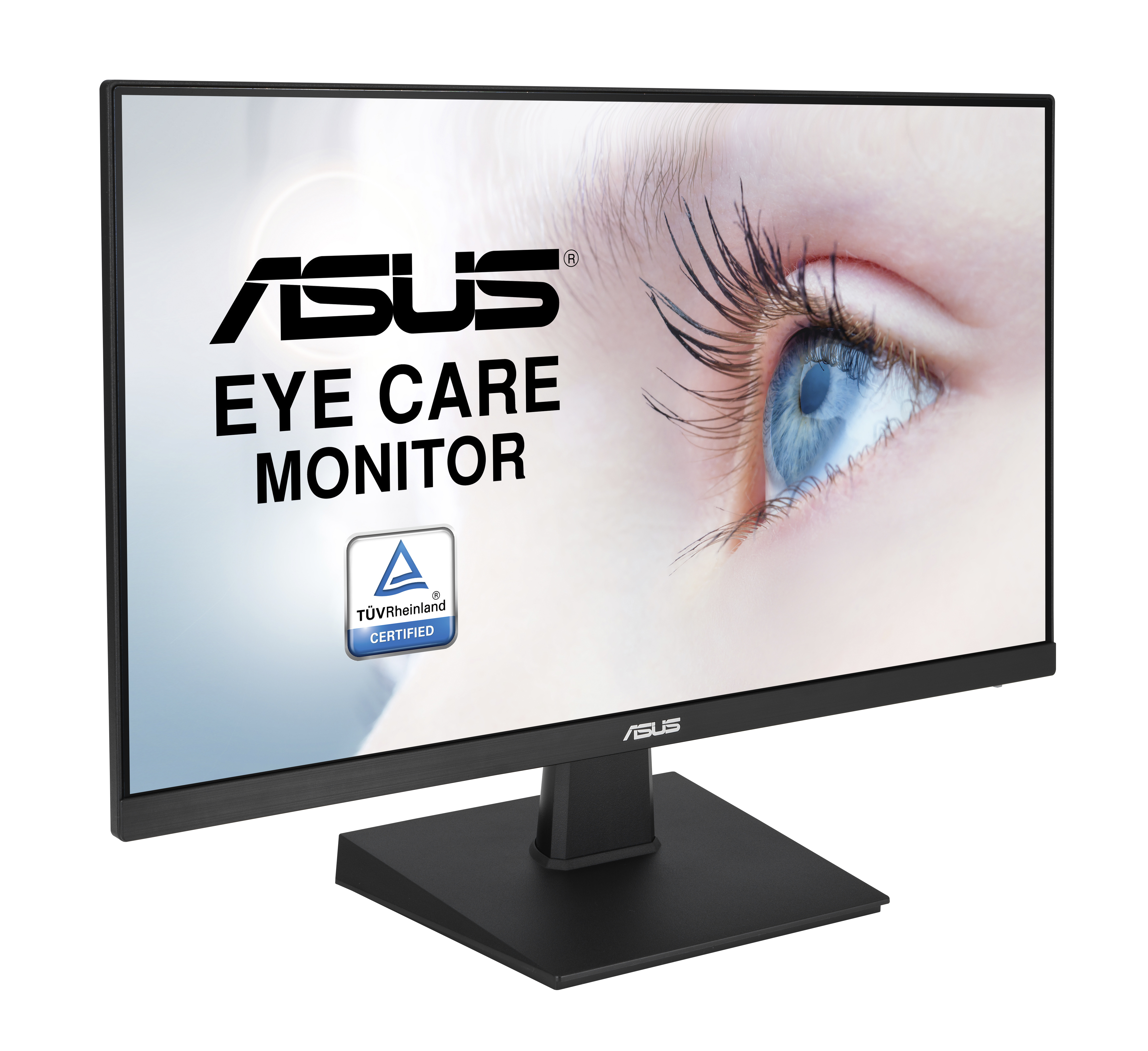 Monitor ASUS Eye Care, z logo i obrazem oka. Monitor ma czarną ramkę.