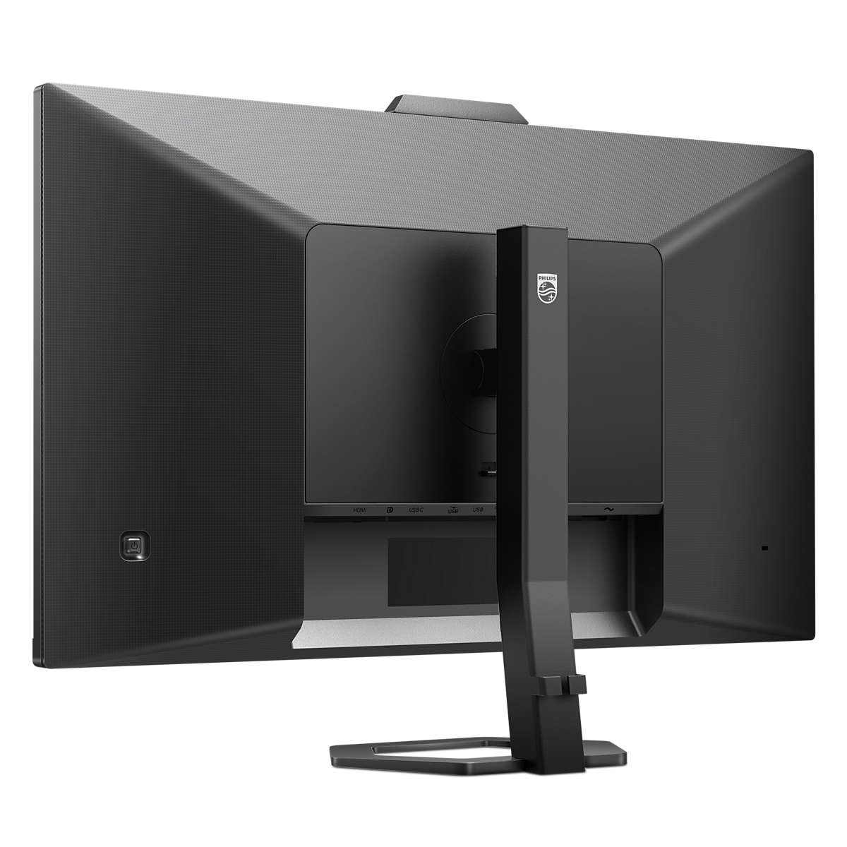 Rear view of a black Philips monitor with ports and stand, isolated on white.