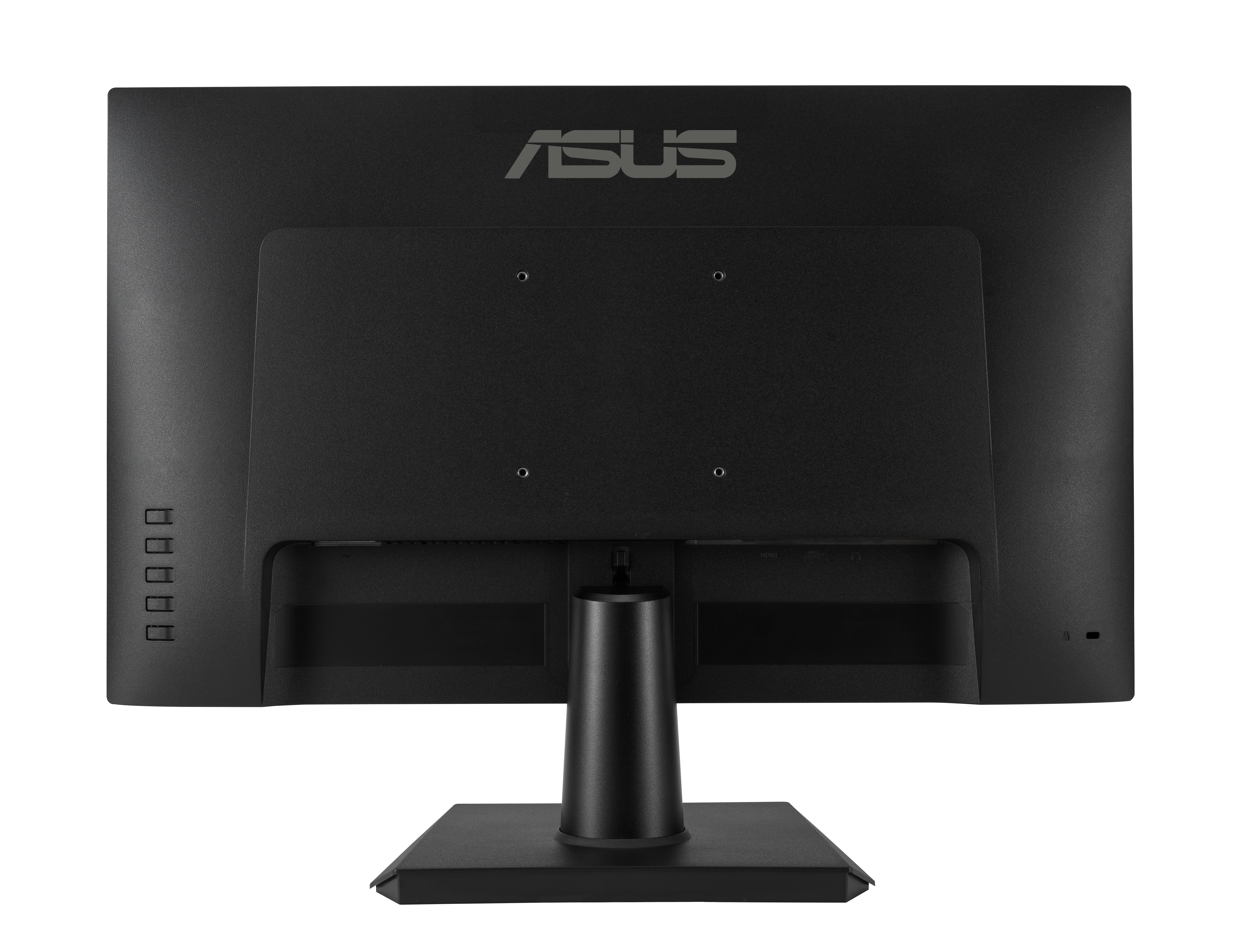 Tył monitora ASUS. Czarny, z logo ASUS i portami połączeniowymi.