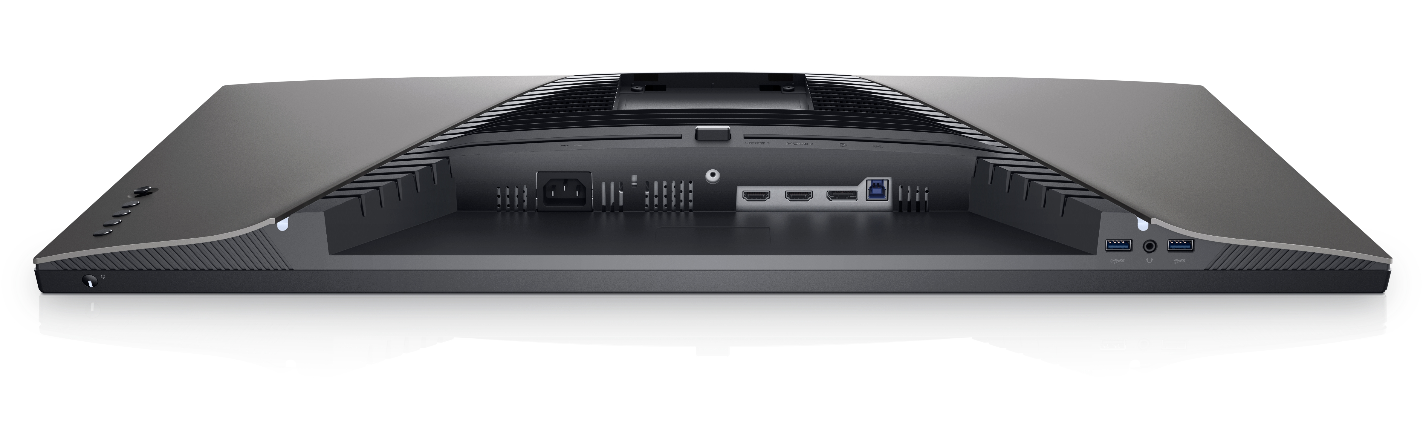 Tył monitora Dell z różnymi portami, w tym zasilaniem, HDMI i USB, oraz podstawą.