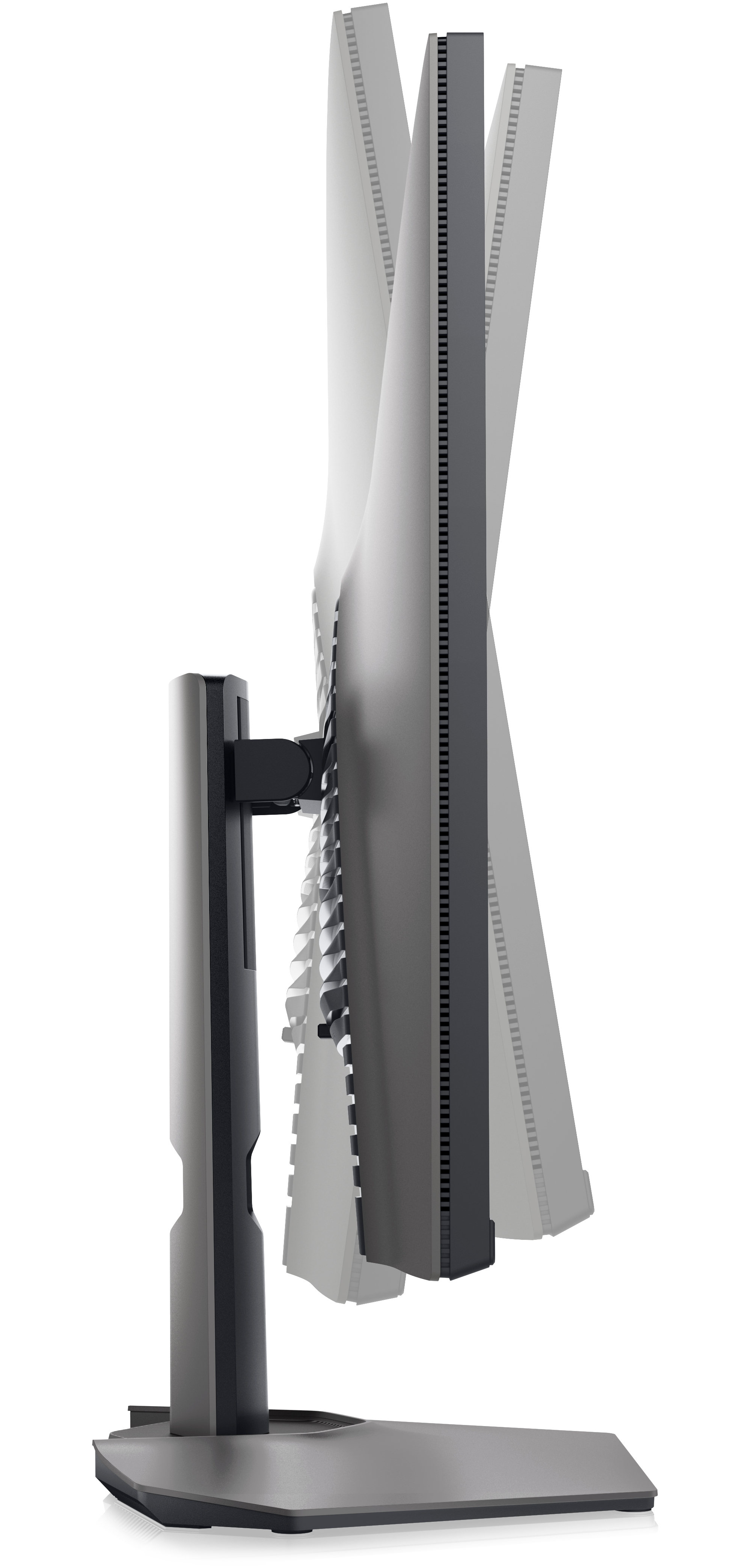 Widok z boku monitora, ciemnoszary, regulowany stojak. Pochylony ekran, białe tło.