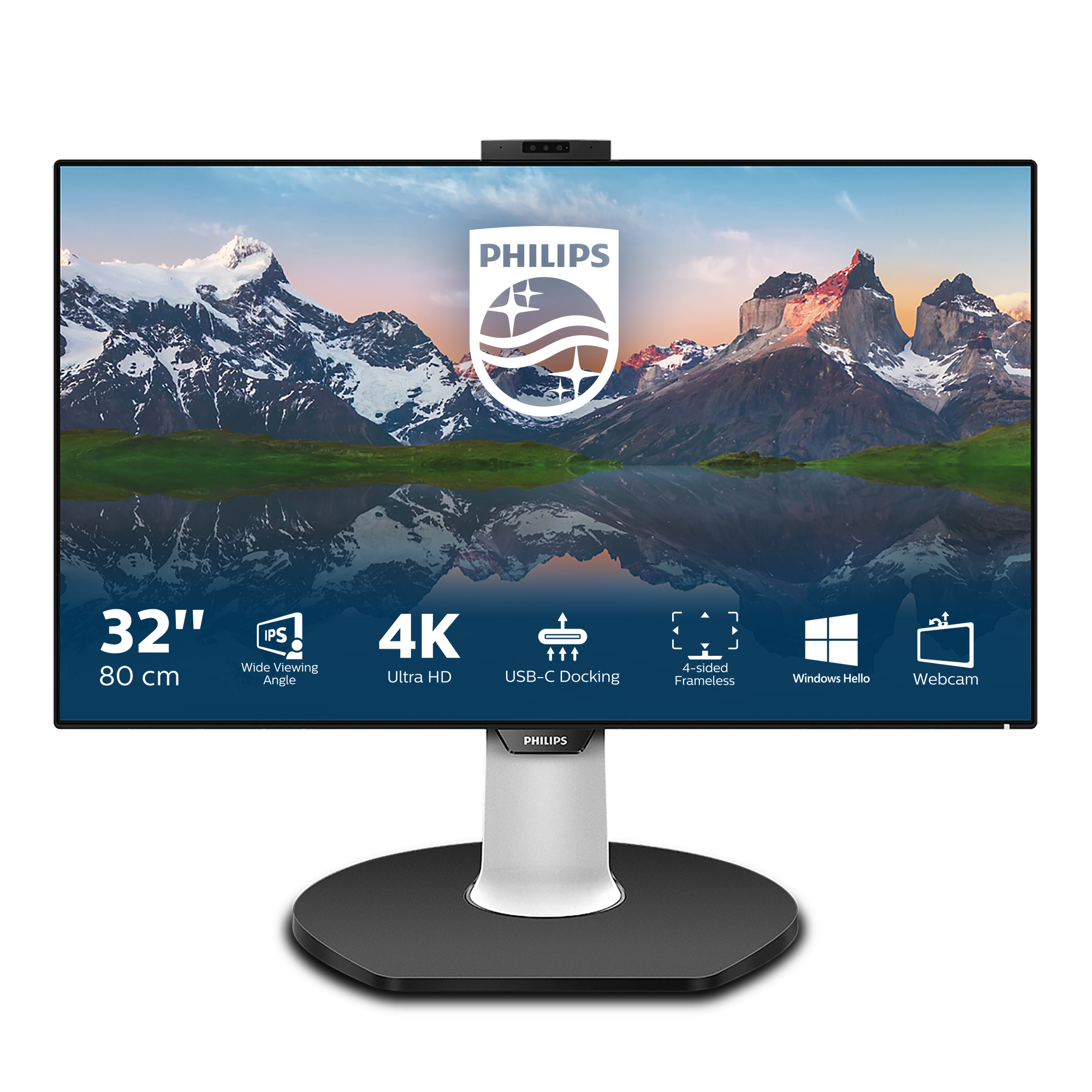 Un monitor Philips con una scena di montagna sullo schermo. Le caratteristiche includono 4K, webcam e docking USB-C.