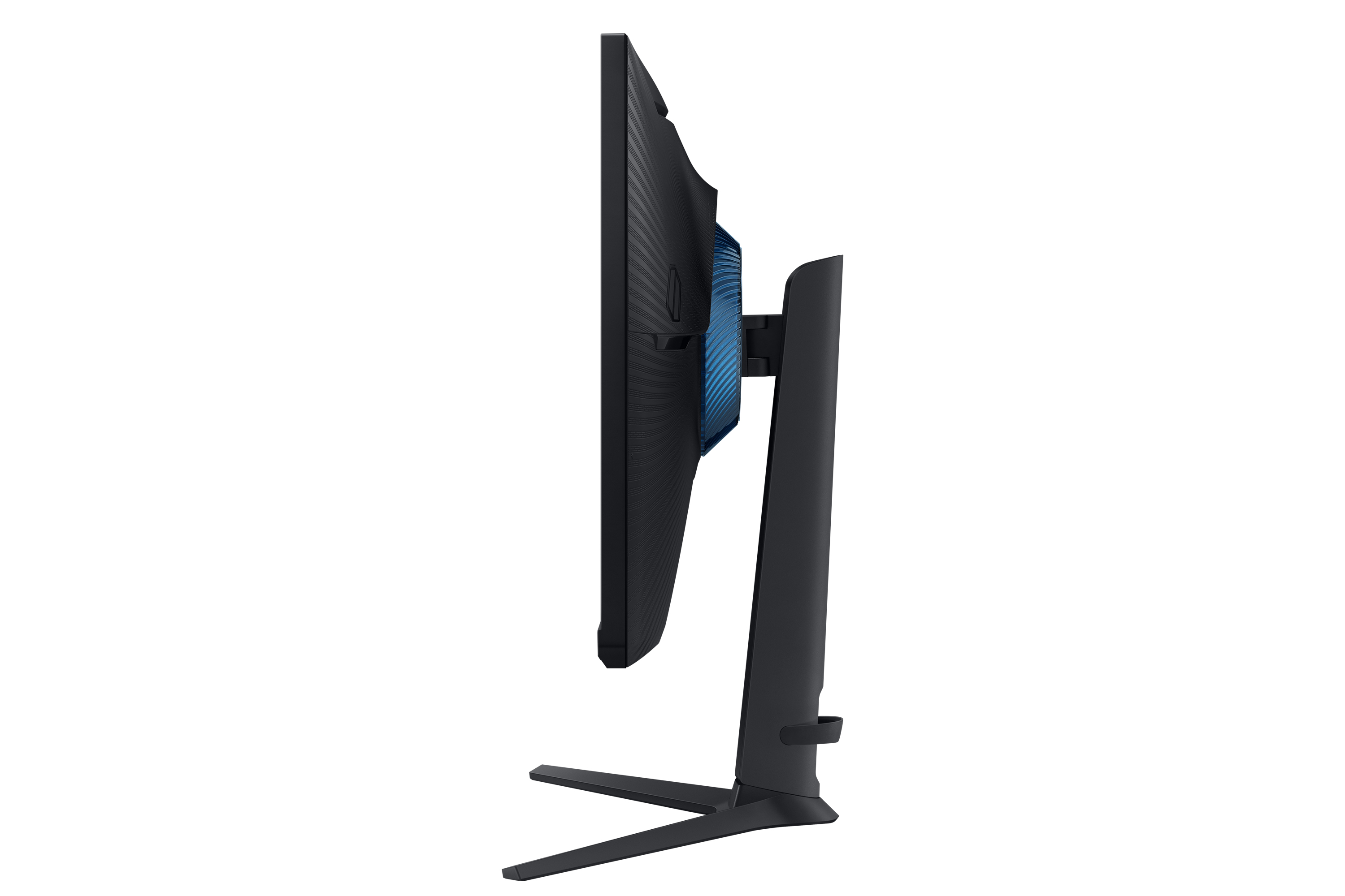 Zijaanzicht van een zwarte monitor met een blauw ontwerp op de achterkant, schuine weergave.