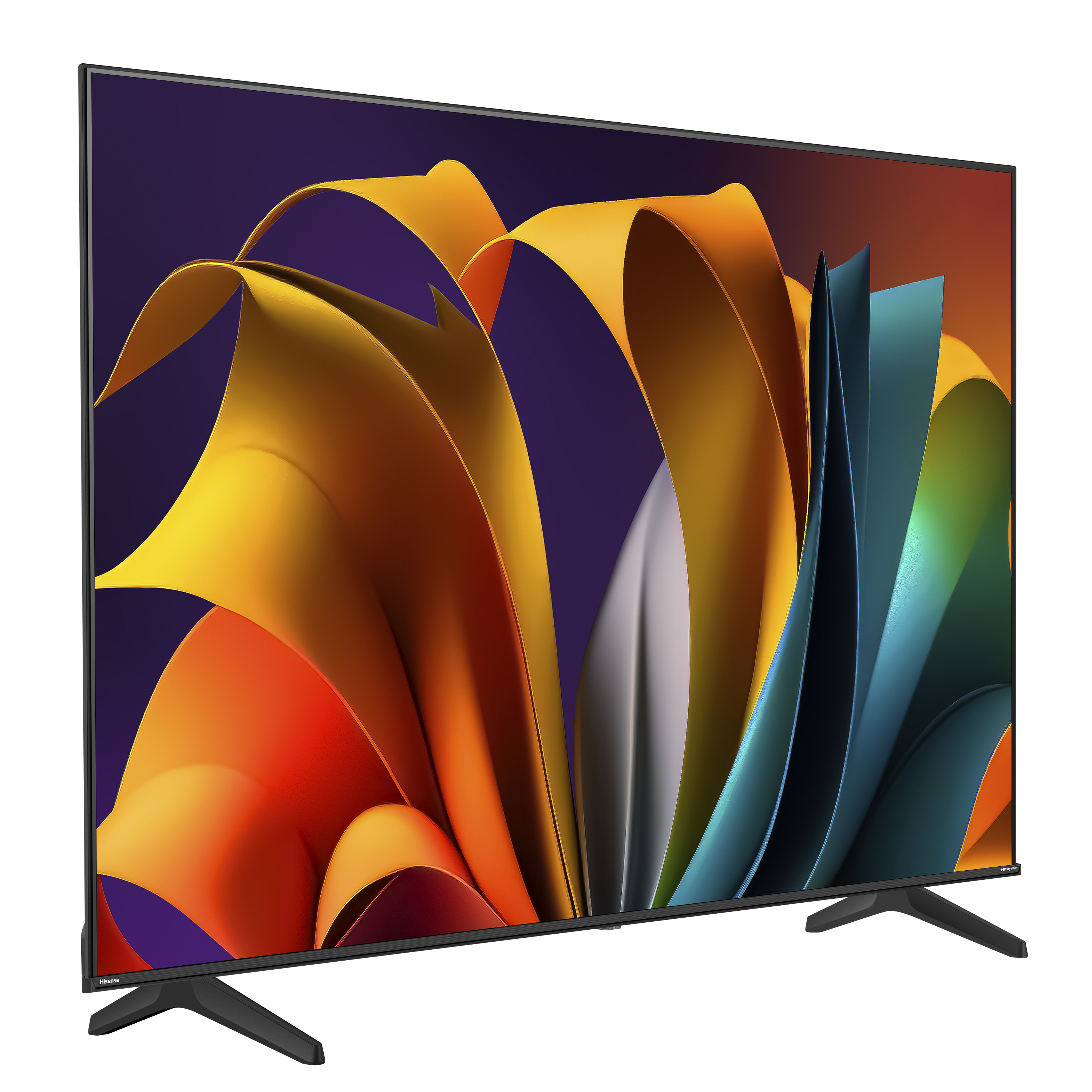 Duży telewizor z abstrakcyjnymi, kolorowymi kształtami. Czarna ramka, czarna podstawa. Logo Hisense.