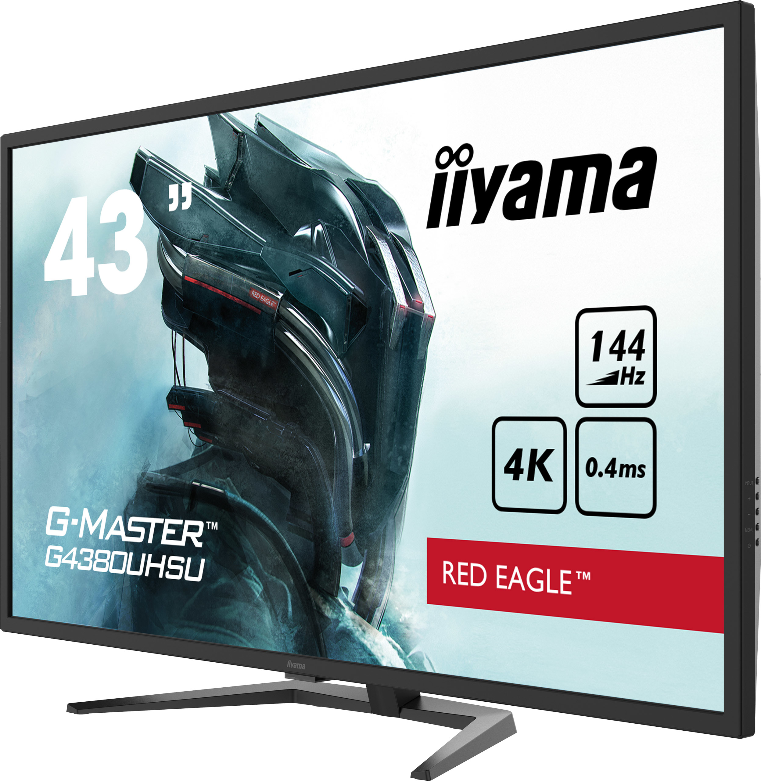 iiyama G-MASTER Monitor mit futuristischem Bild, schwarzem Rahmen und grauem Ständer.