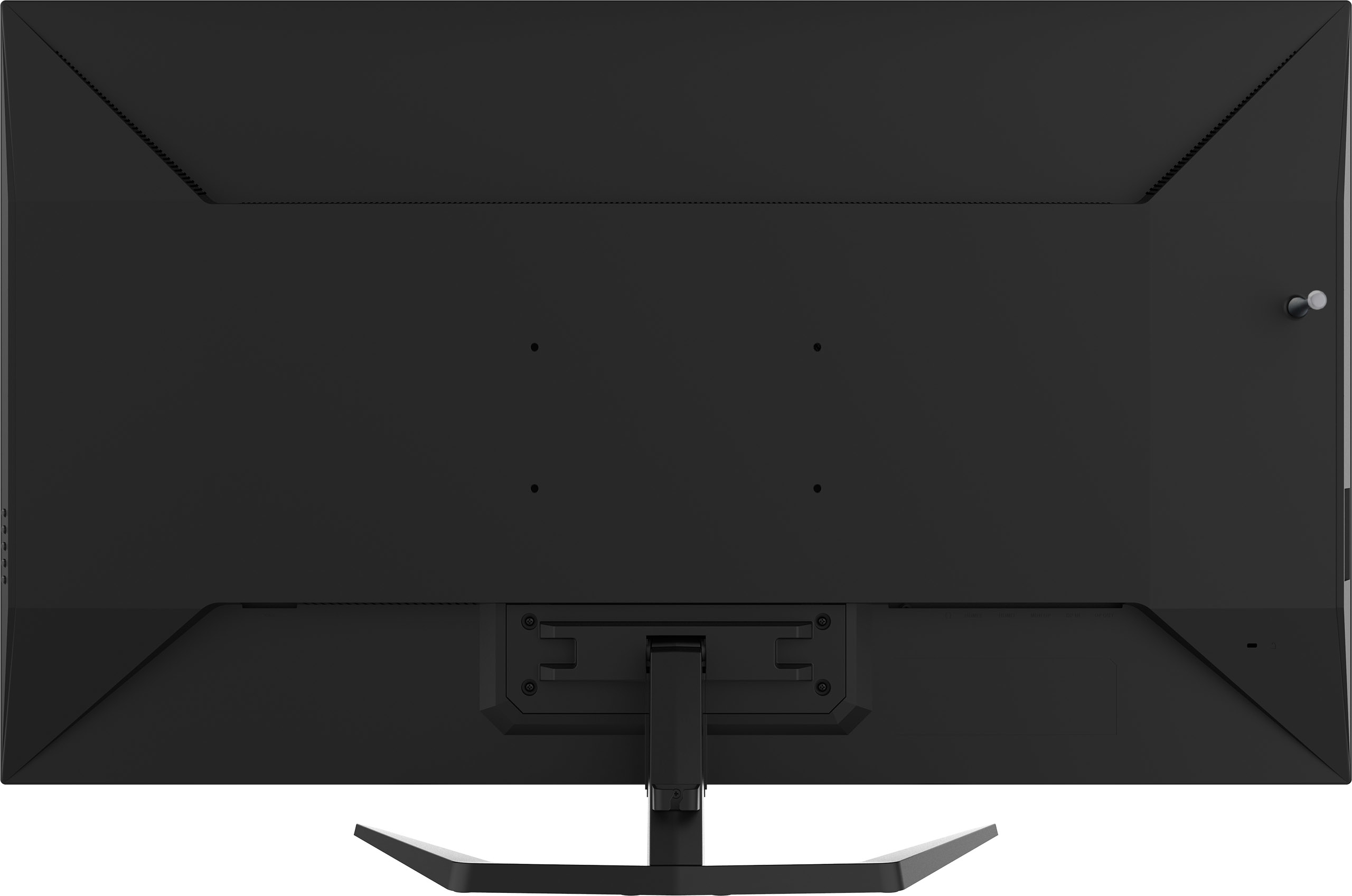 Rückseite eines schwarzen Computermonitors mit Ständer und verschiedenen Anschlüssen und Befestigungslöchern.