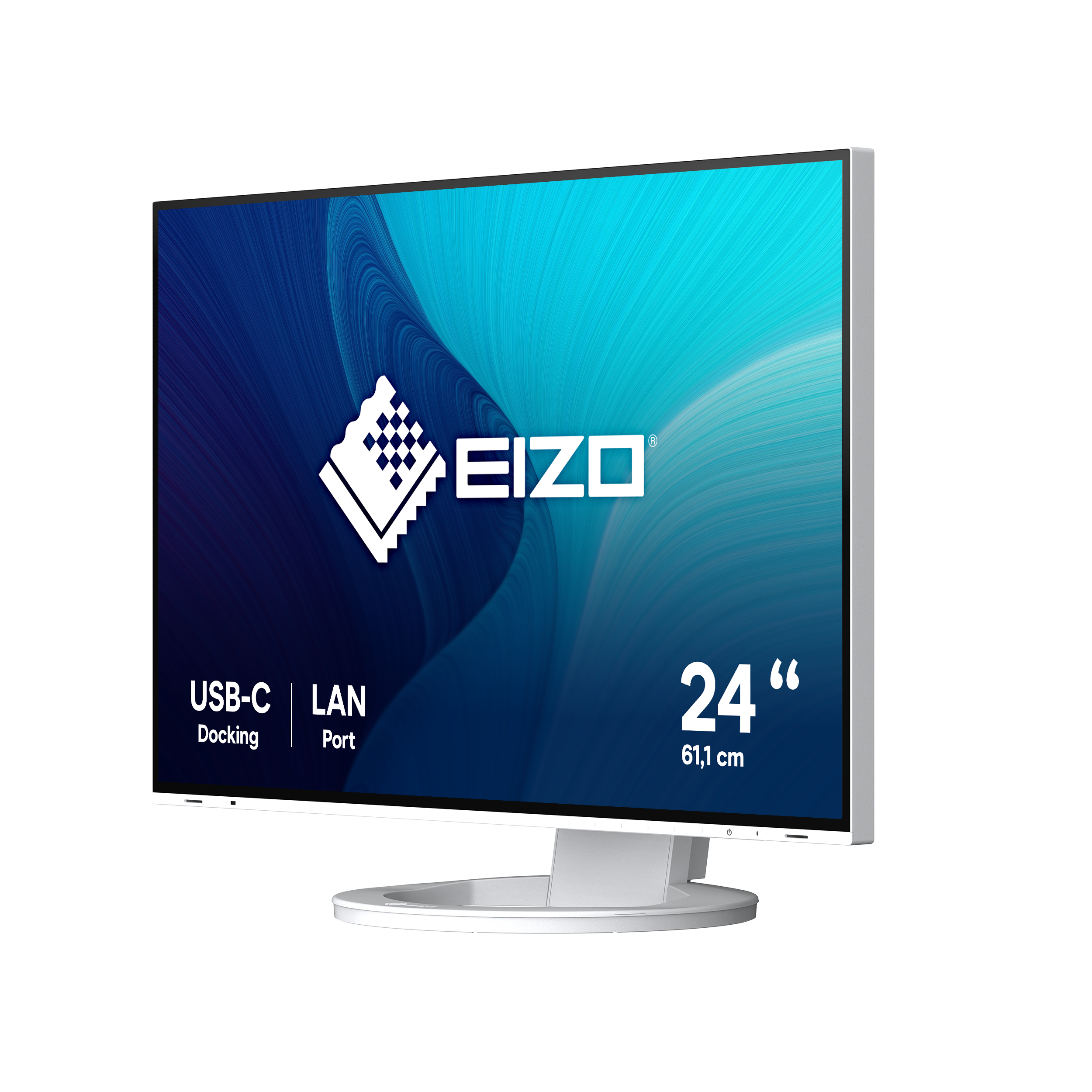 Weißer Monitor mit weißem Ständer. Zeigt einen blau-weißen Bildschirm.