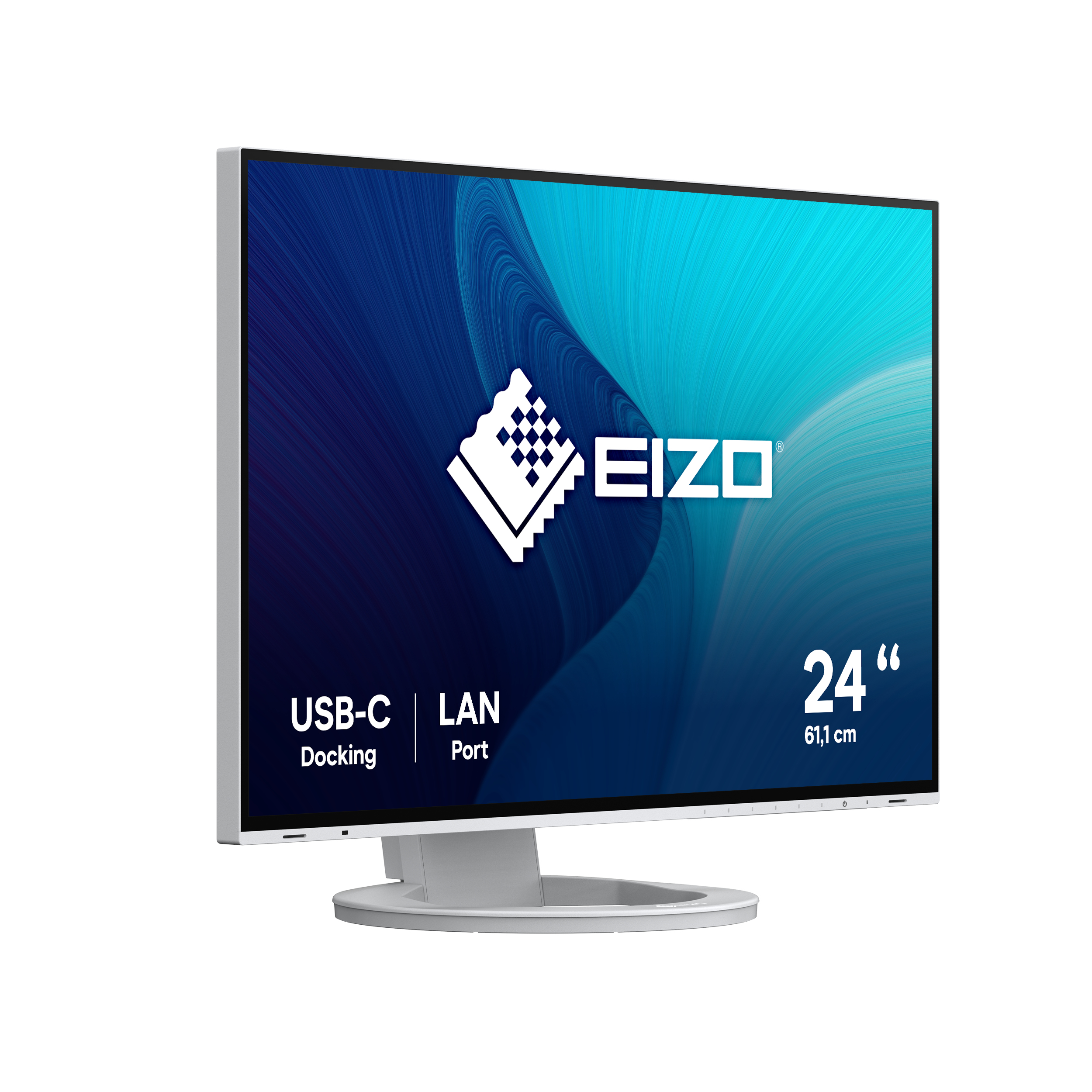 EIZO-Monitor in Weiß mit blau-weißem Hintergrund, Logo und Schriftzug 'USB-C Docking'.
