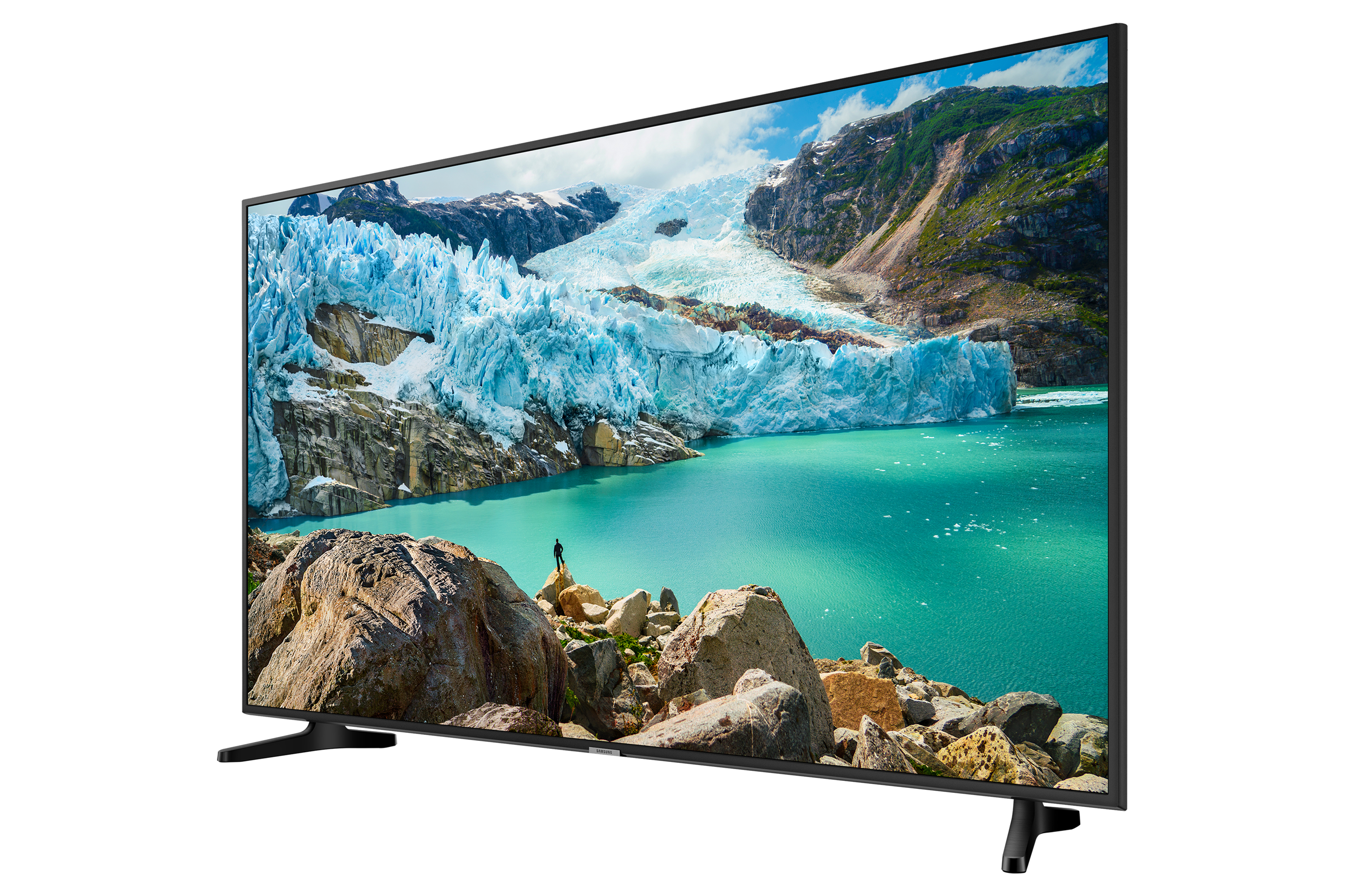 La TV Samsung affiche une scène de glacier. L'écran est sur fond blanc.