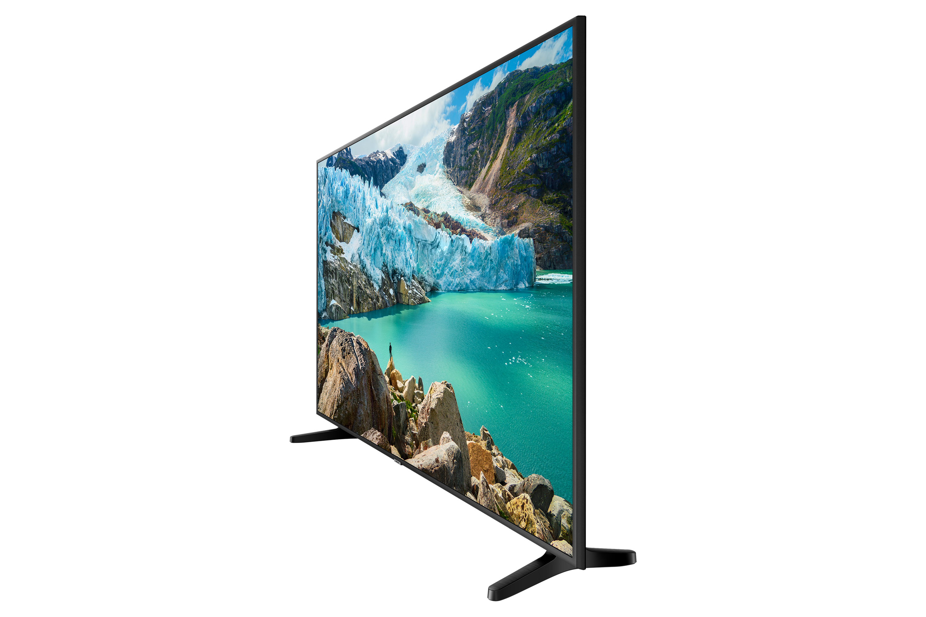 La TV affiche une scène de glacier. Cadre noir, pieds noirs, fond blanc.