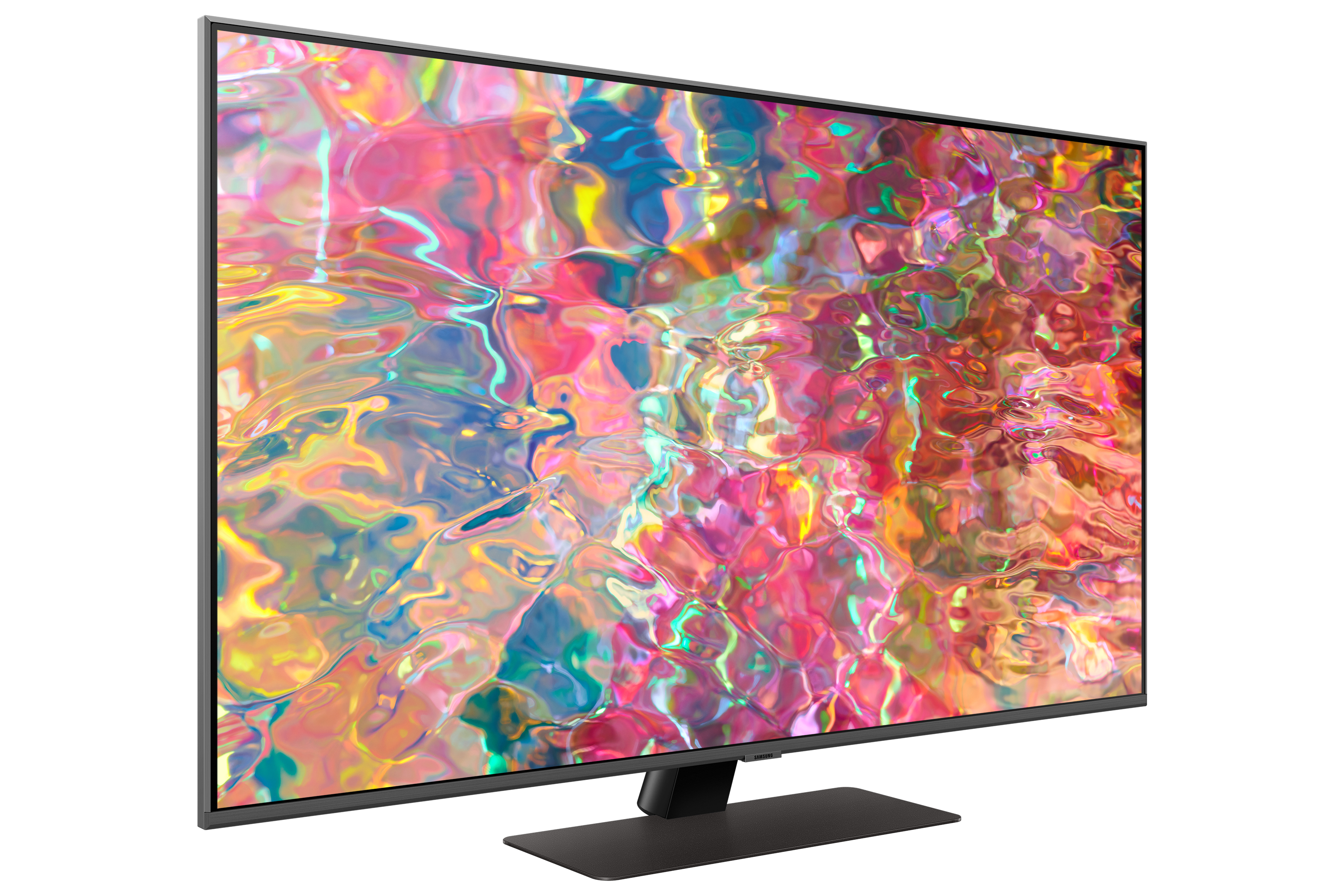 Telewizor Samsung pokazujący kolorową sztukę abstrakcyjną, z czarną podstawą.