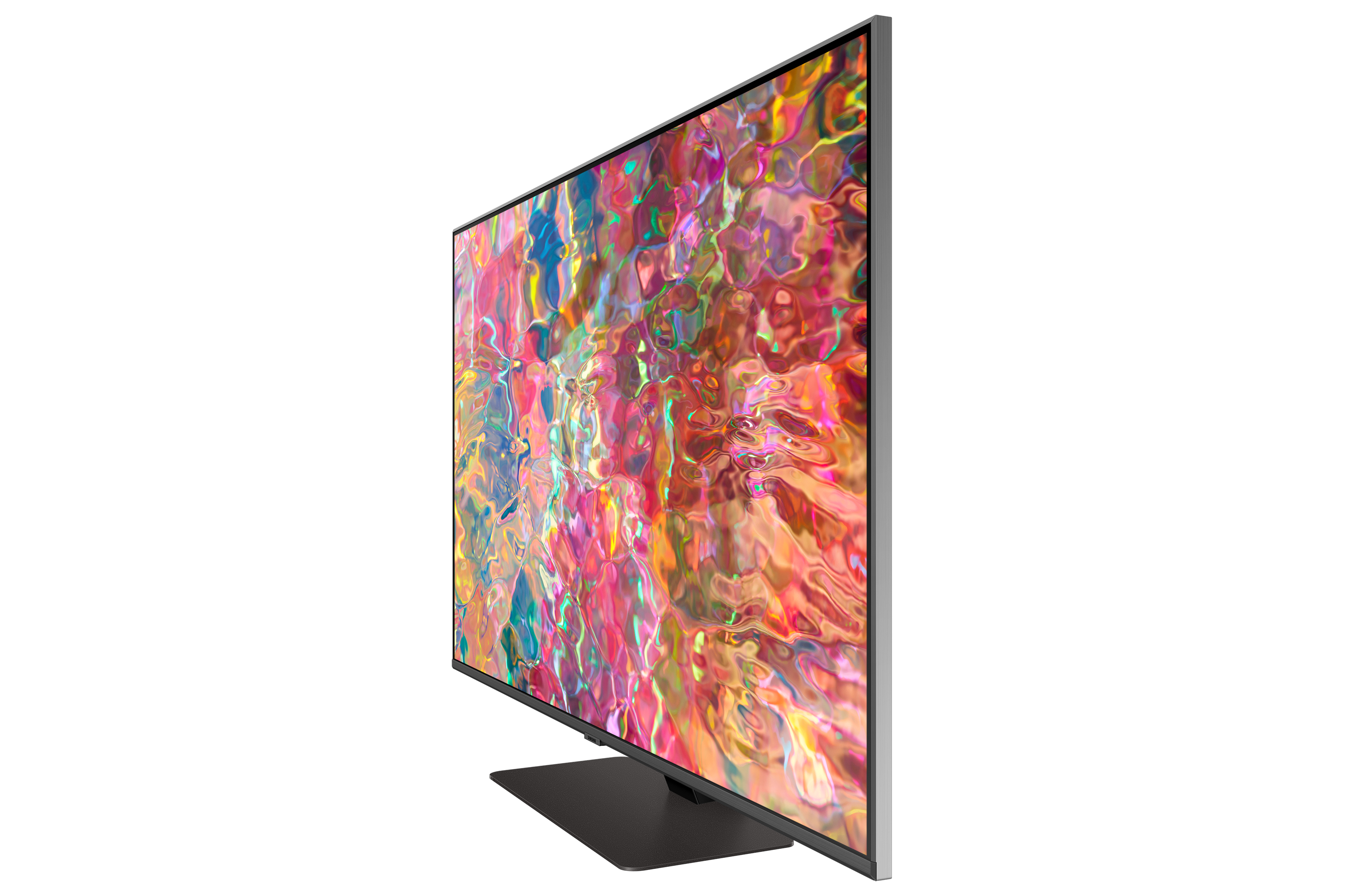 Telewizor, widok z boku, kolorowy abstrakcyjny wzór na ekranie.