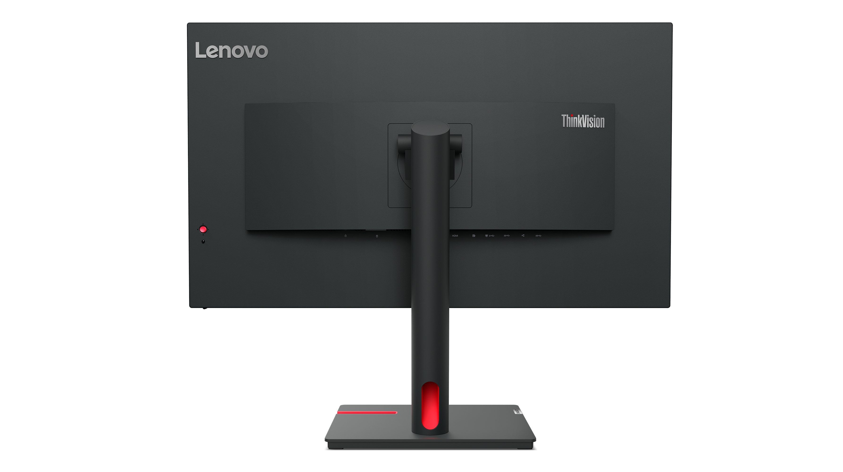 Widok z tyłu monitora Lenovo, czarny z czerwoną podstawą, logo ThinkVision, porty i podstawa.