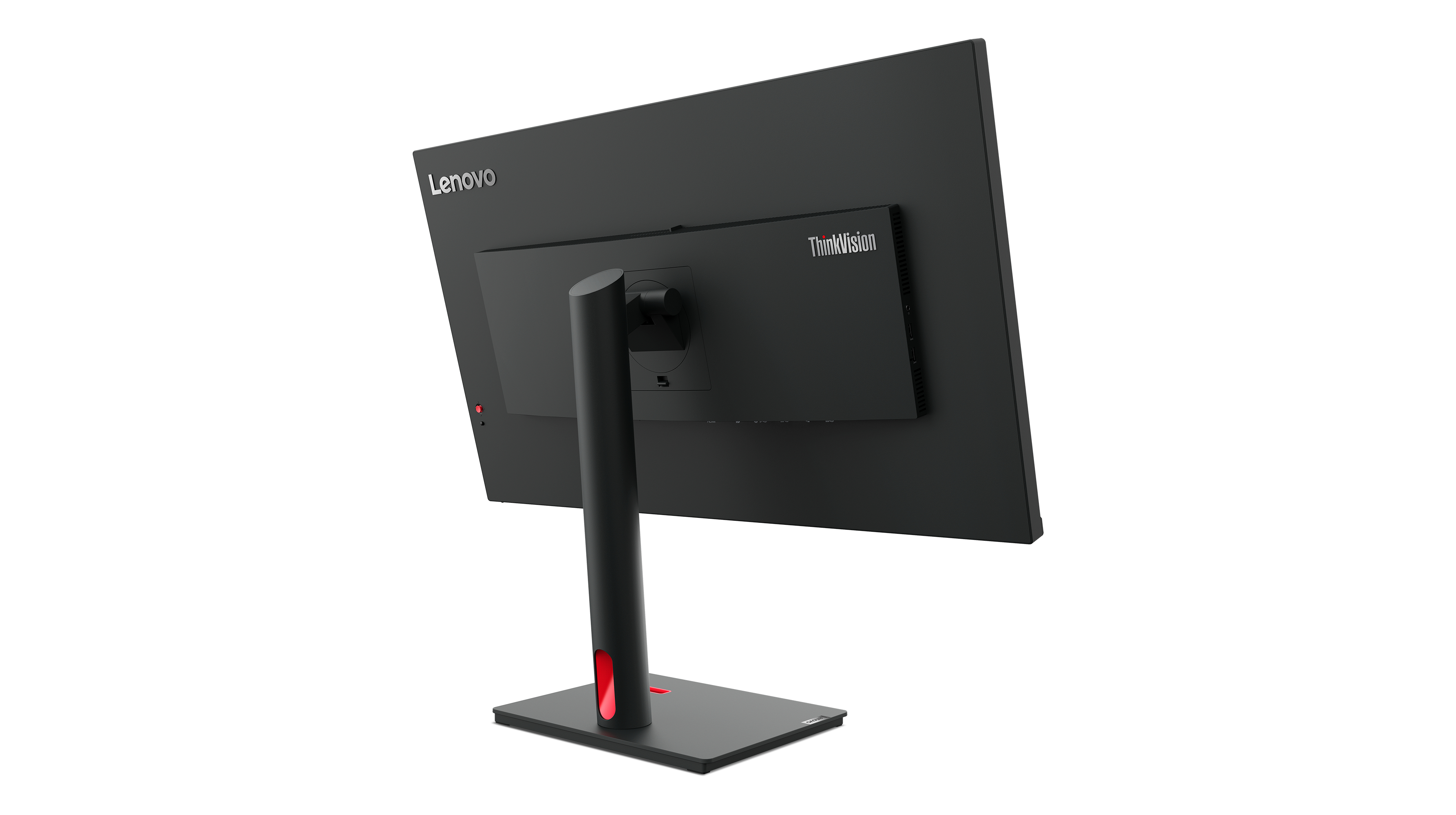 Tył czarnego monitora ze stojakiem. Widoczne logo Lenovo i ThinkVision.