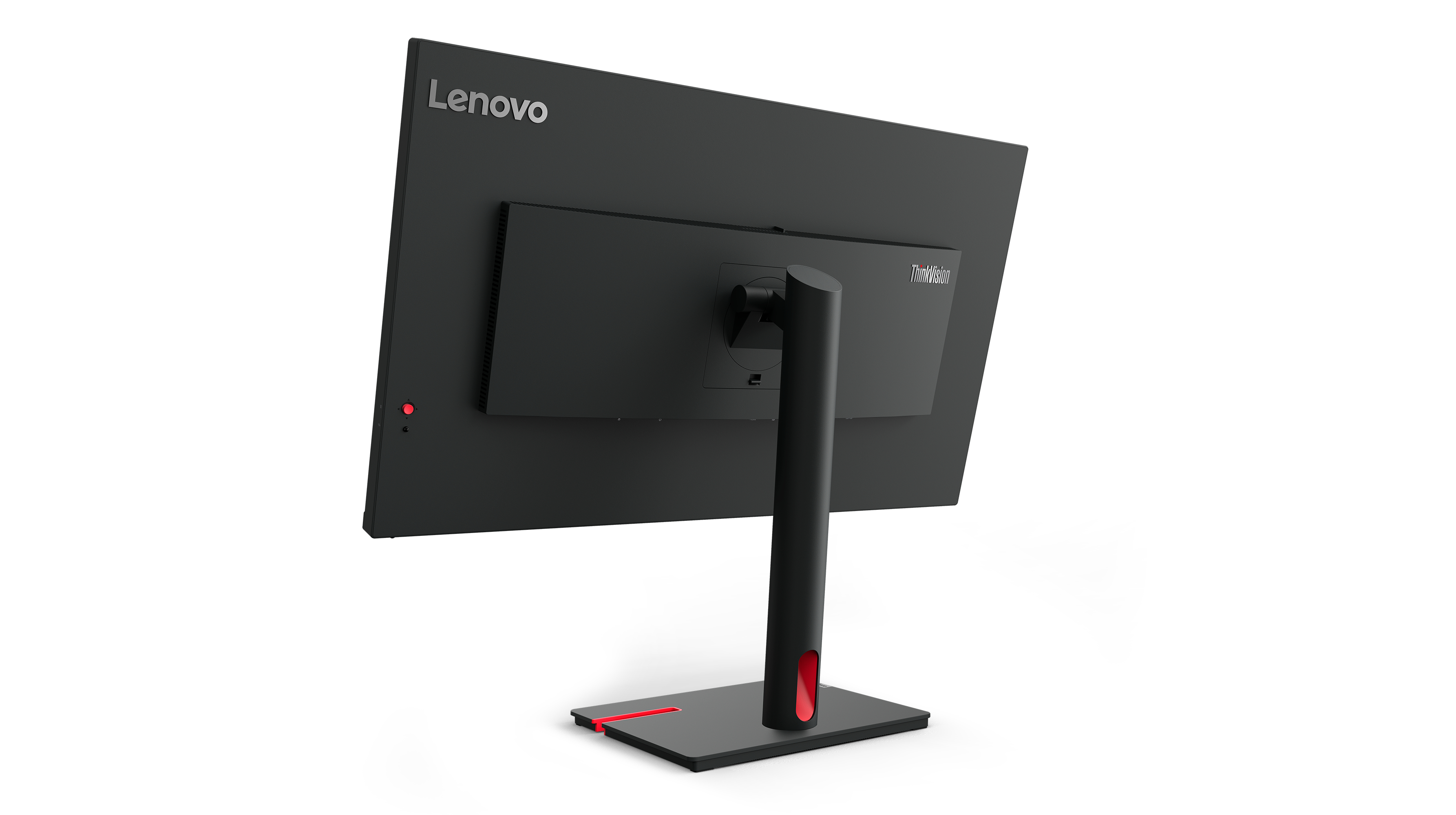 Tył czarnego monitora Lenovo z czerwoną podstawą.