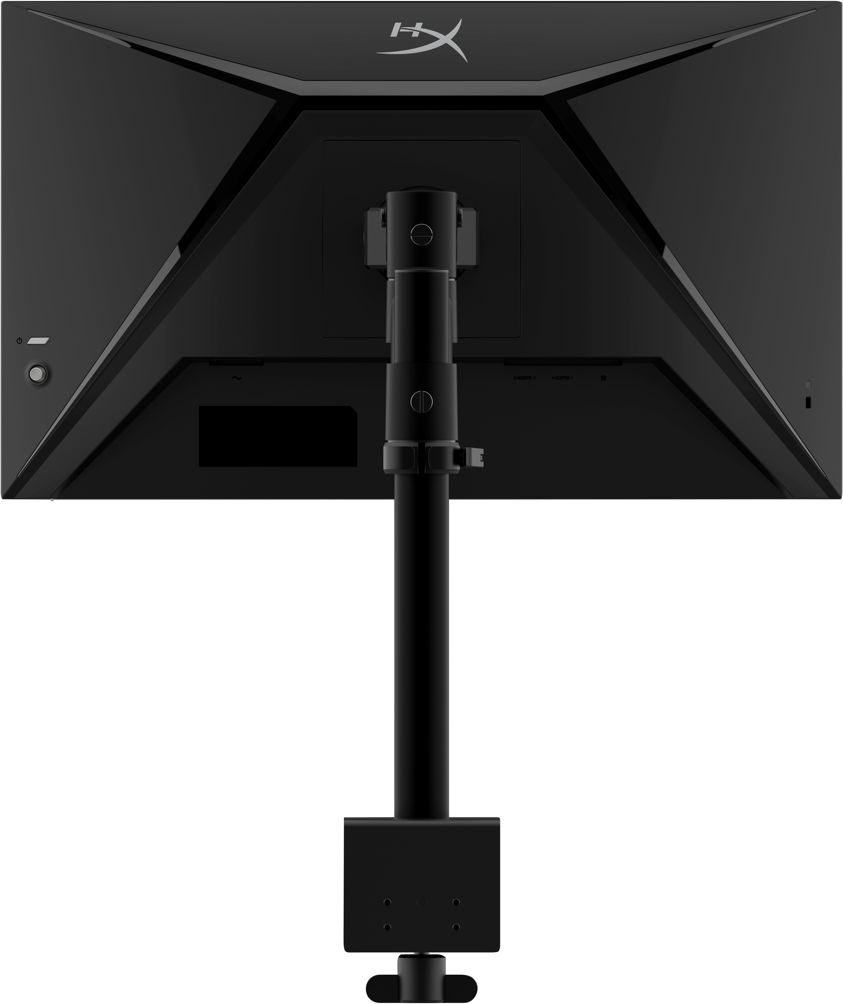 Tył czarnego monitora ze stojakiem, pokazujący porty i logo HyperX.