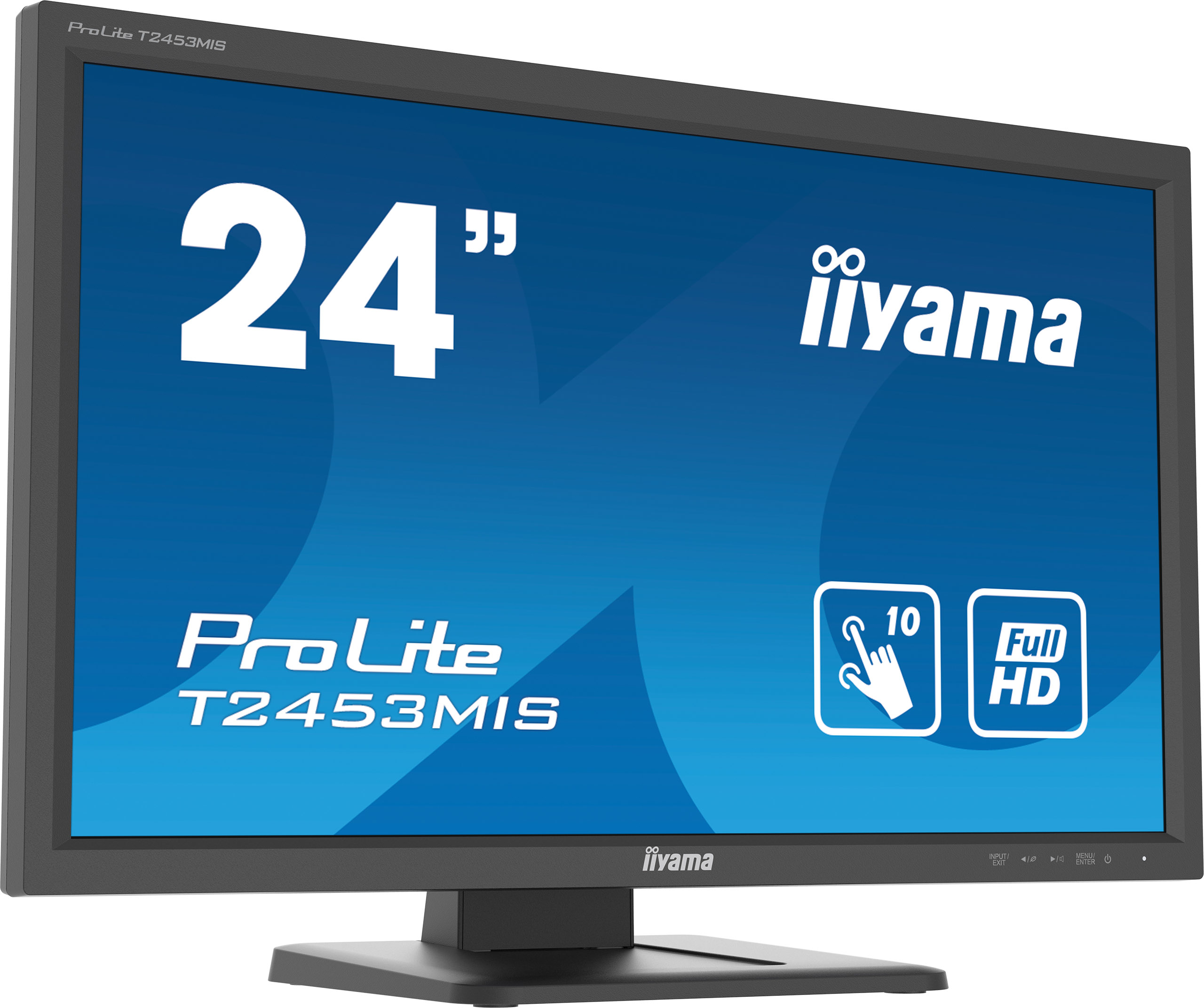 Monitor de computadora negro con soporte, fondo azul y texto blanco.