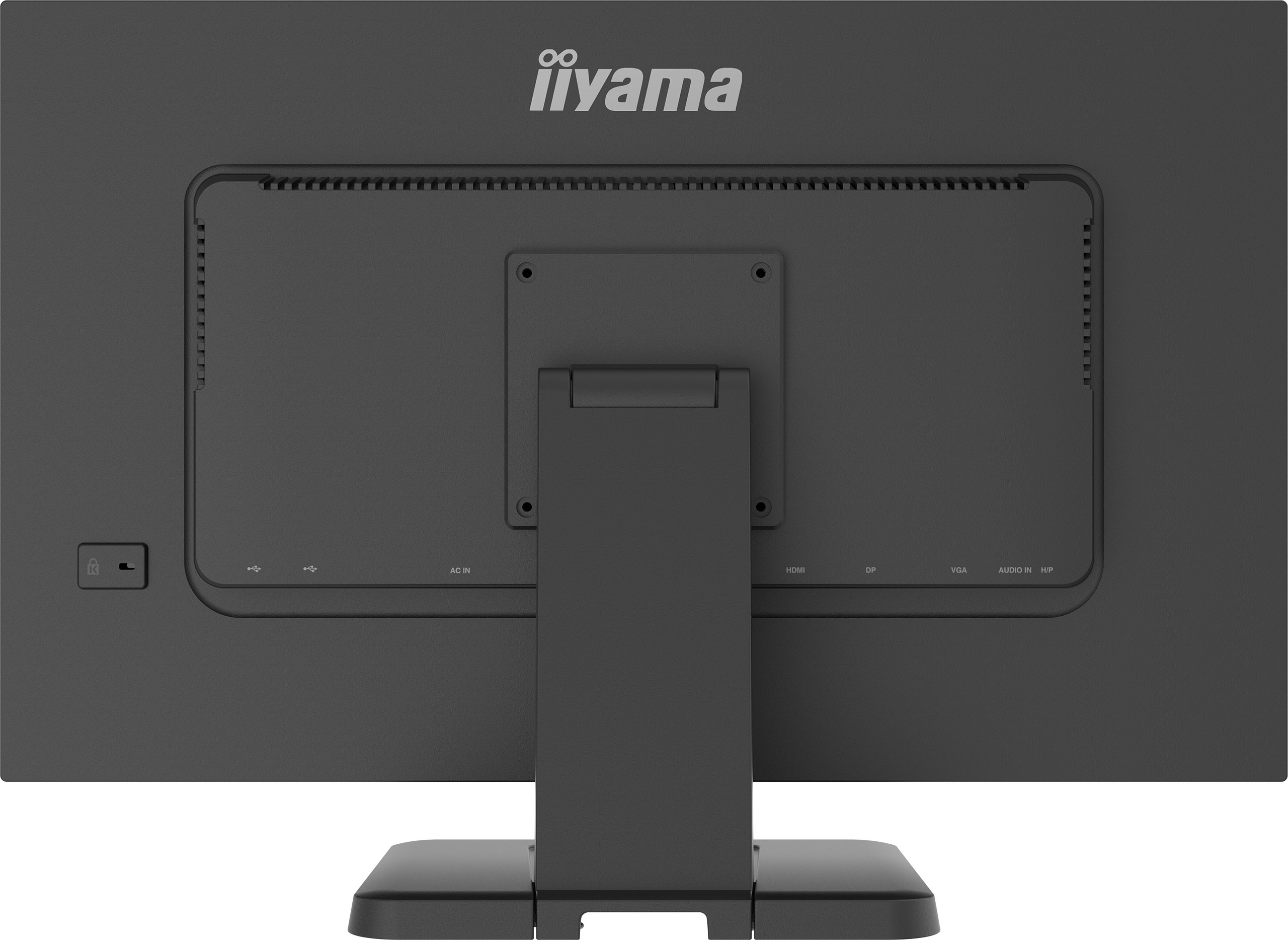 Vista trasera de un monitor iiyama negro, mostrando puertos y soporte. El logotipo está en la parte superior.