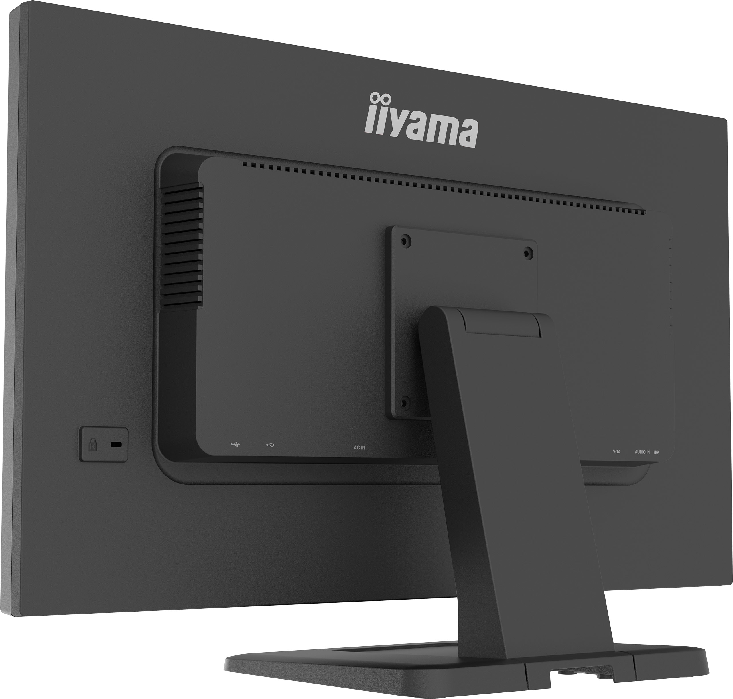Vista trasera de un monitor negro. El soporte está unido en la parte trasera y el logotipo de iiyama es visible.