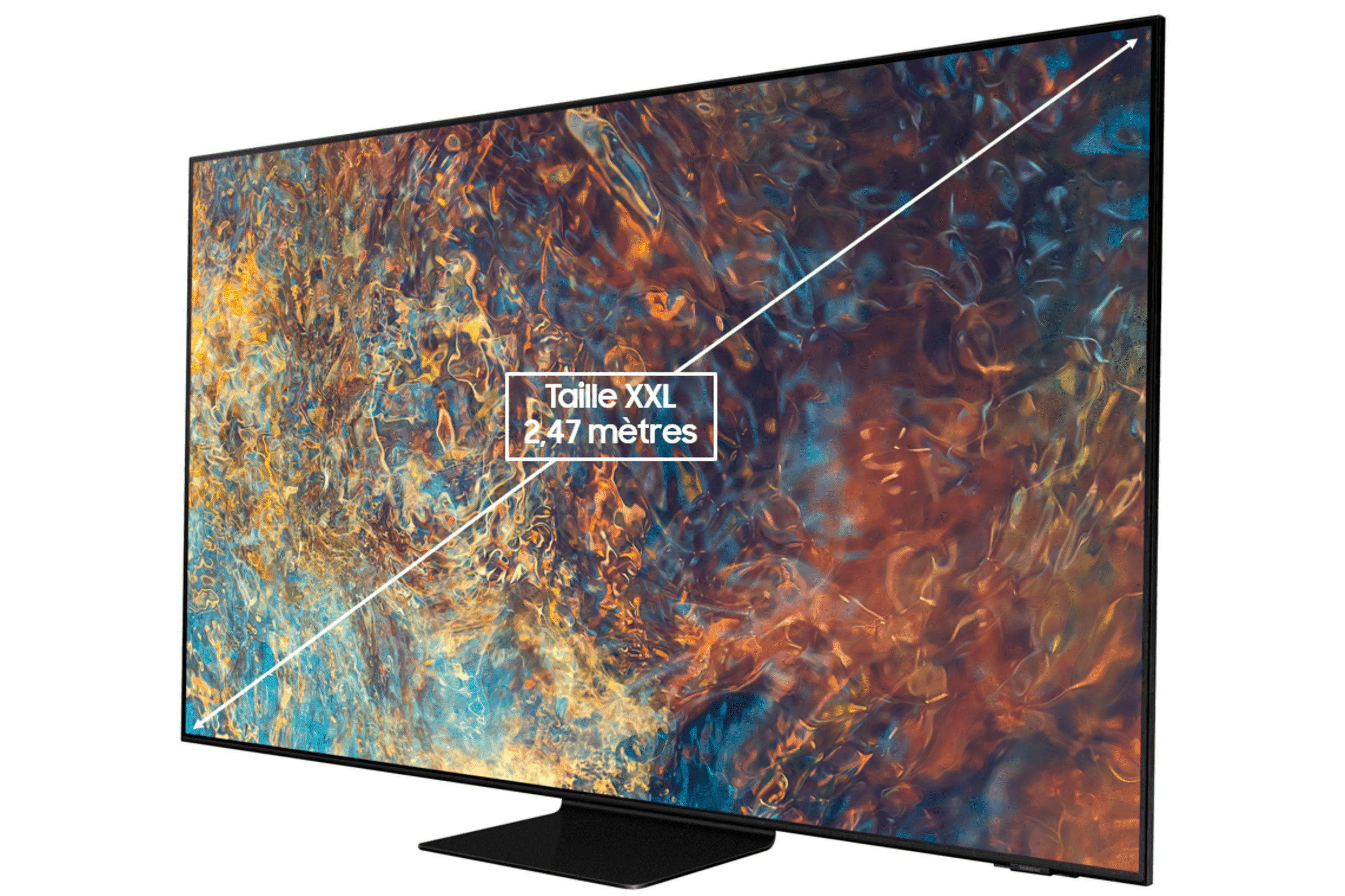 Pantalla de TV grande con líneas blancas que indican tamaño; marco, base y fondo negros.