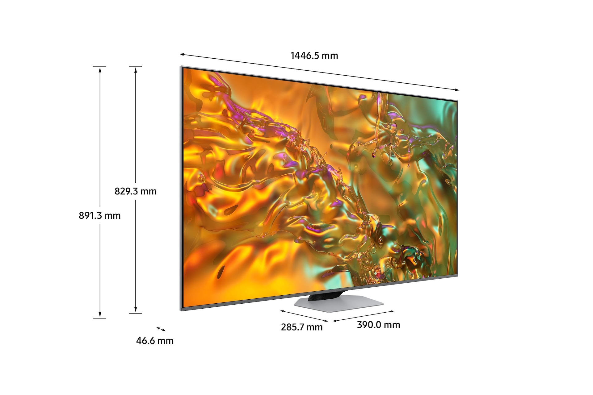 Wymiary telewizora z wyświetlonymi pomiarami. Telewizor stoi na podstawie.