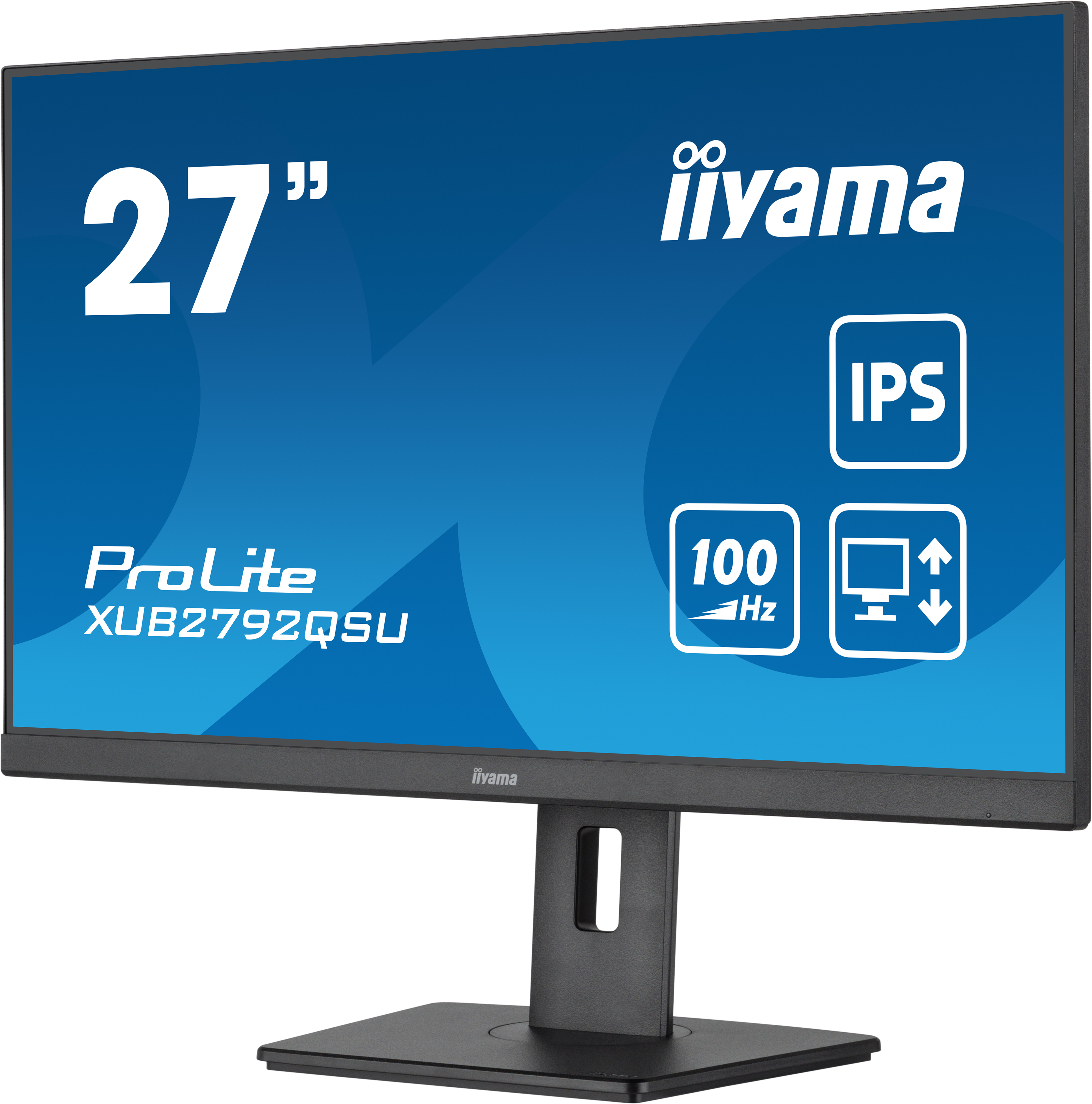 27-calowy monitor iiyama z IPS i 100 Hz, wyświetlający logo marki i specyfikacje.