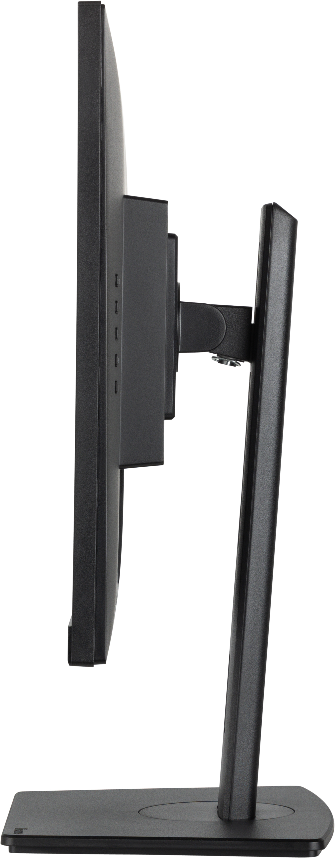 Widok z boku czarnego monitora z podstawą. Monitor ma cienką ramkę.