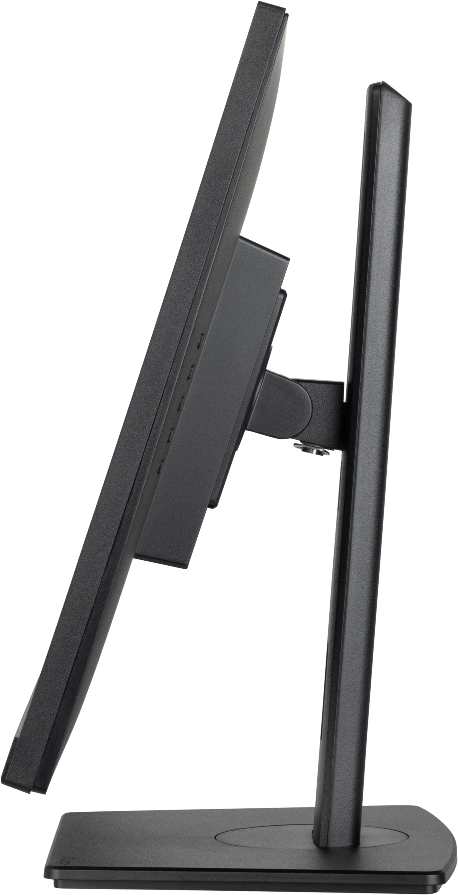 Widok z boku monitora, czarna ramka, podstawa i porty. Ekran jest czarny.