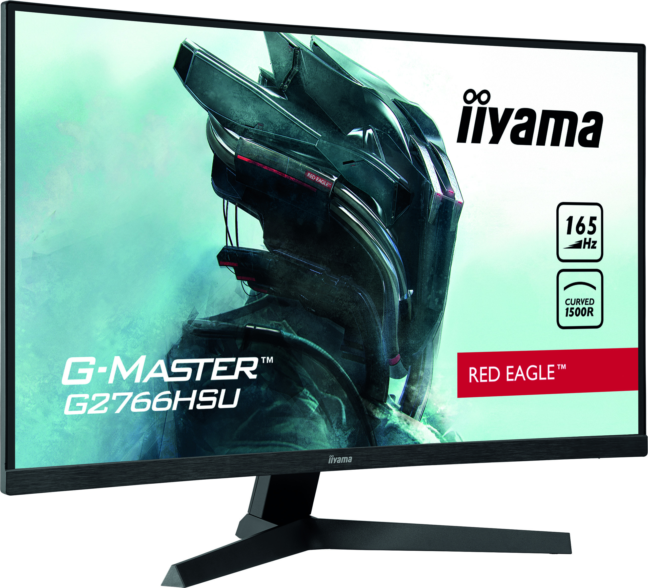 Monitor gaming Iiyama z zakrzywionym ekranem, czarną ramką i grafiką na wyświetlaczu.
