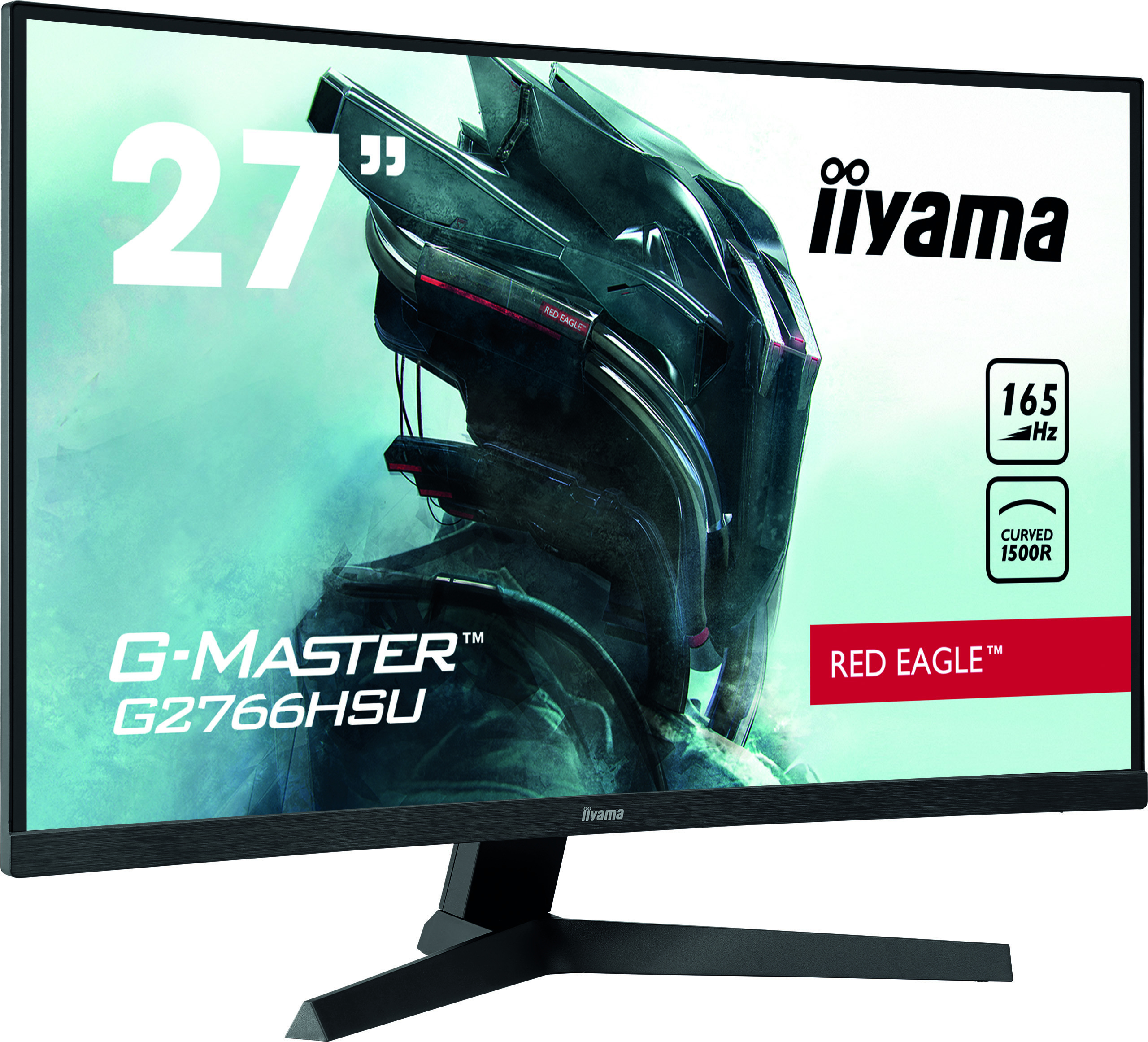 Monitor Iiyama G-Master, 27 cali. Czarna ramka, podstawa. Wyświetlacz pokazuje scenę z gry z czerwonymi akcentami.