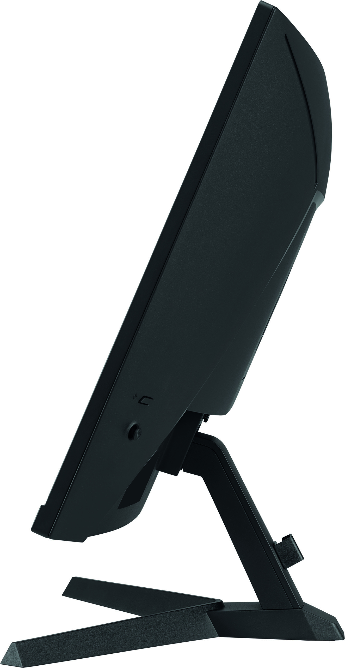 Widok z boku czarnego monitora. Widoczny jest stojak i ekran. Ekran jest pochylony.