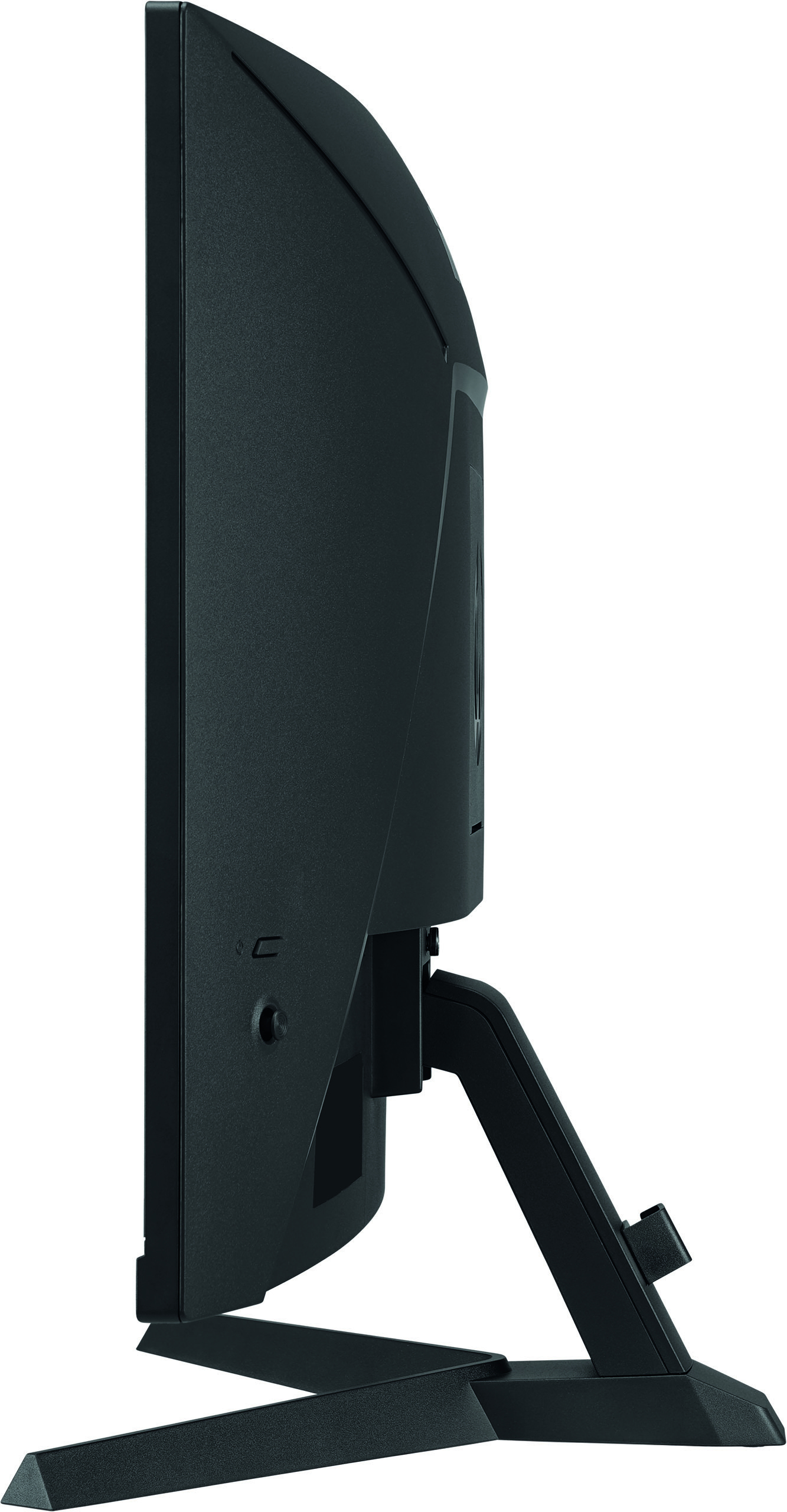Widok z boku czarnego monitora. Pokazuje elegancki profil z dołączoną podstawą, prezentującym design.