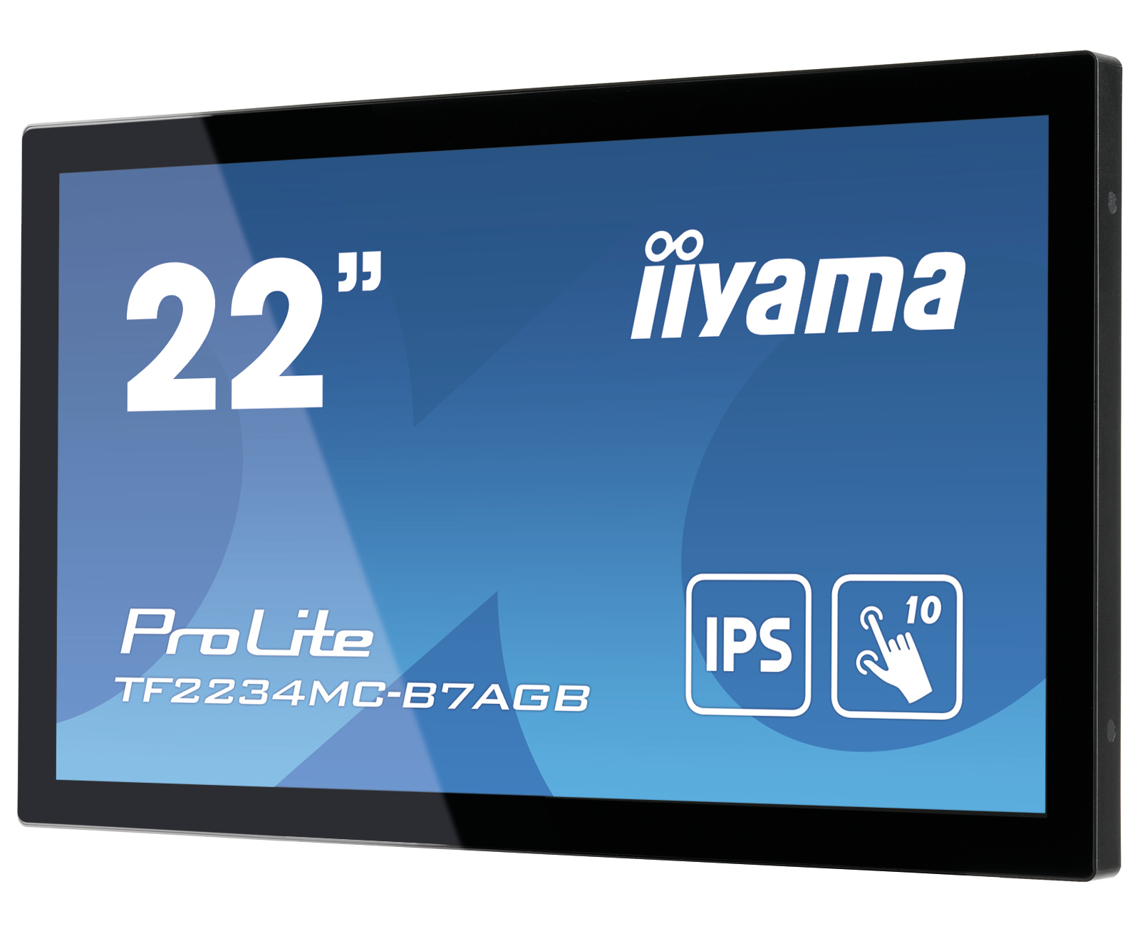 Czarny monitor dotykowy firmy iiyama, model ProLite. Wyświetla 22 cale, z ikonami IPS i funkcją dotyku.