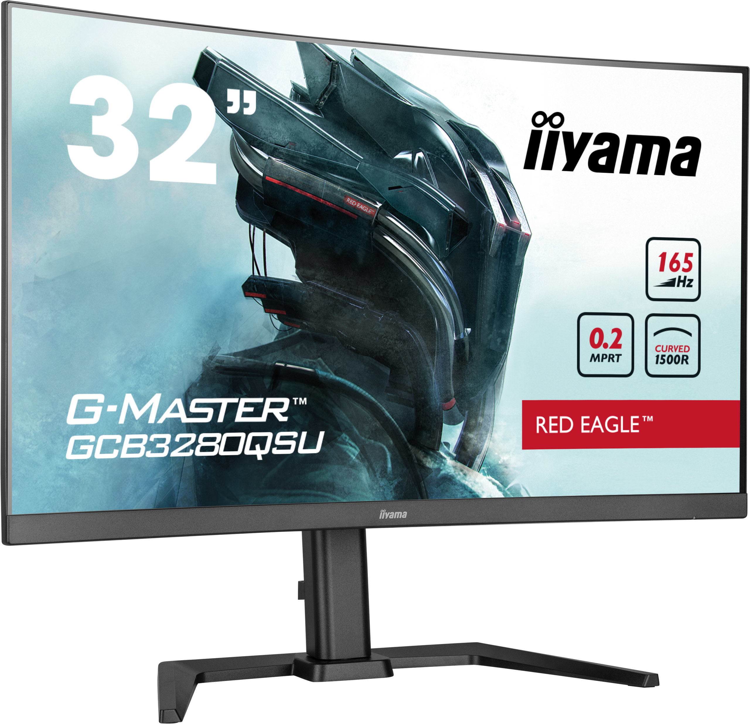 Gebogener iiyama Monitor mit Spielgrafik, 165 Hz und schwarzem Ständer.