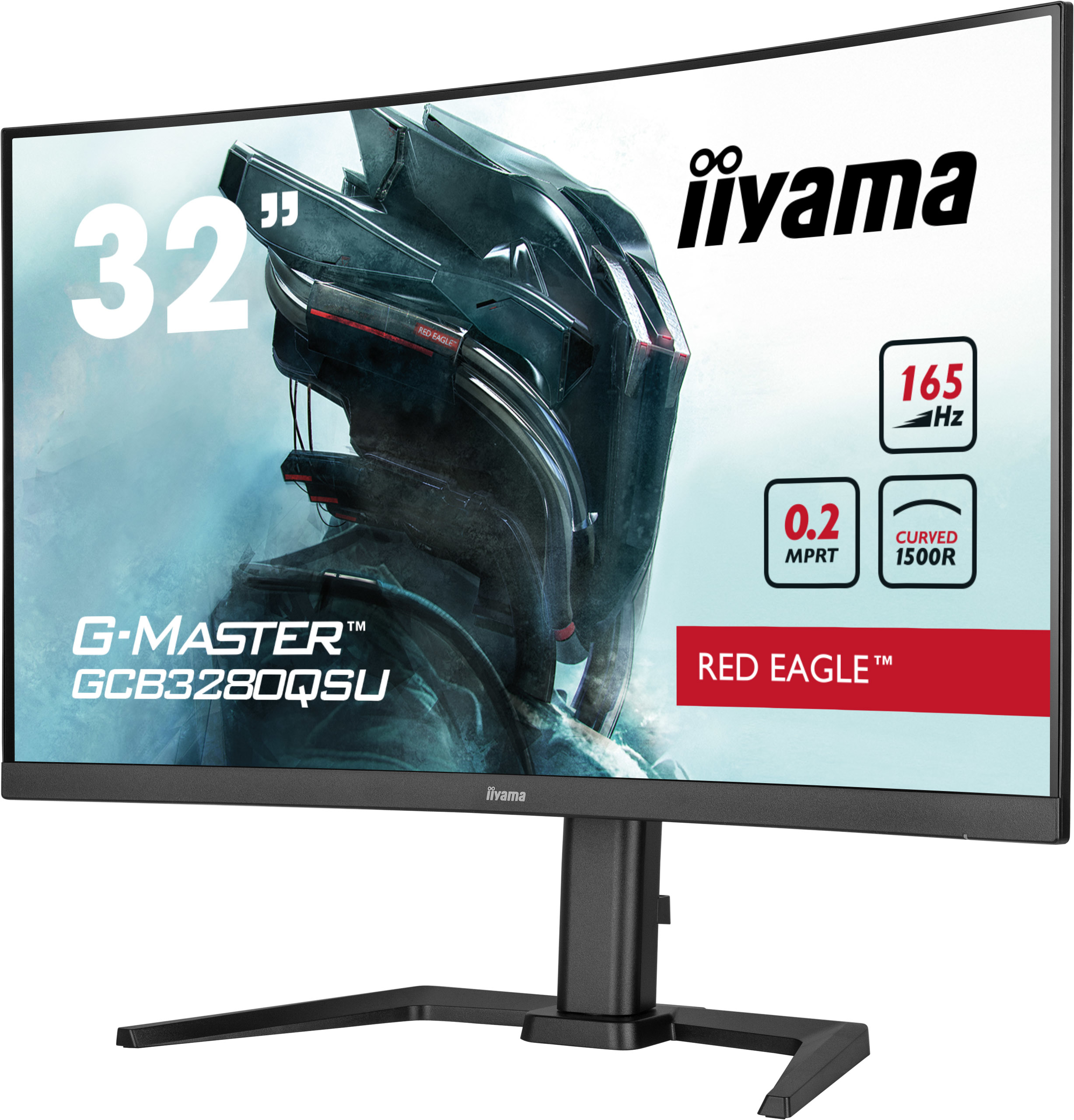 Gekrümmter Monitor mit Text: iiyama, 32", G-MASTER, RED EAGLE, 165 Hz, gekrümmt 1500R. Schwarzer Rahmen.