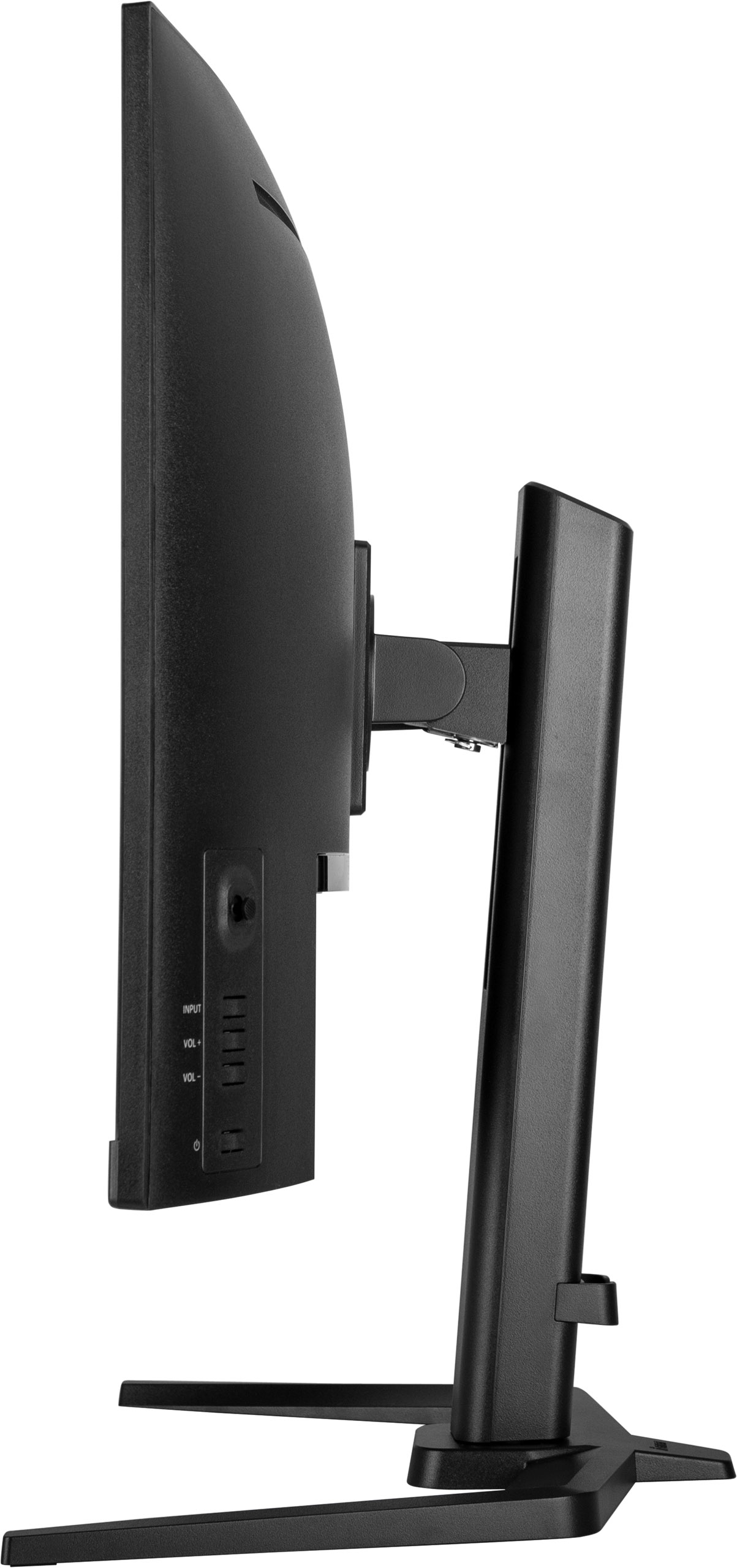 Seitenansicht eines schwarzen Computermonitors, mit schwarzem Ständer und schwarzem Hintergrund.