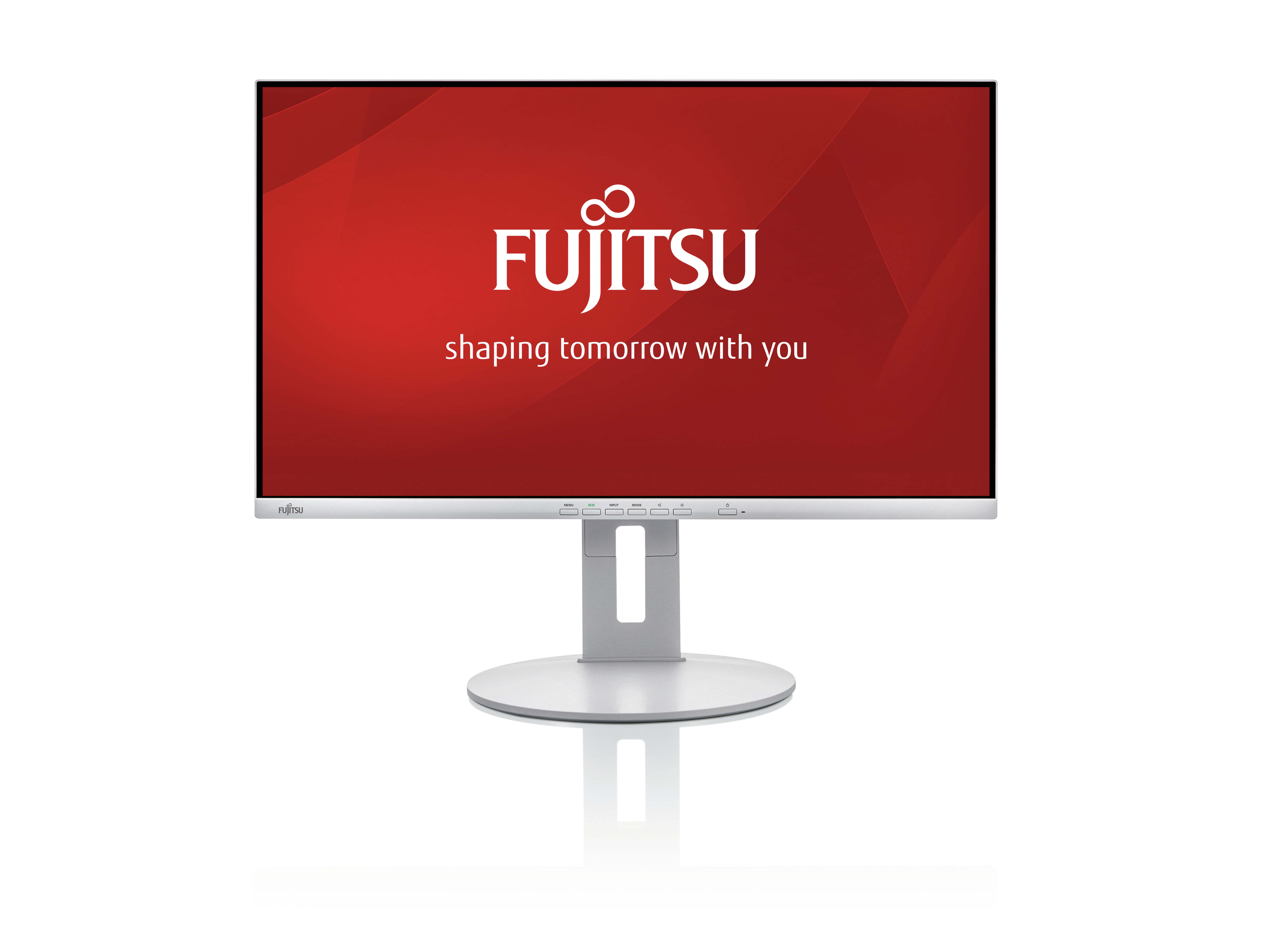Un monitor Fujitsu bianco mostra uno sfondo rosso con il logo e il testo Fujitsu. Ha un supporto argentato.