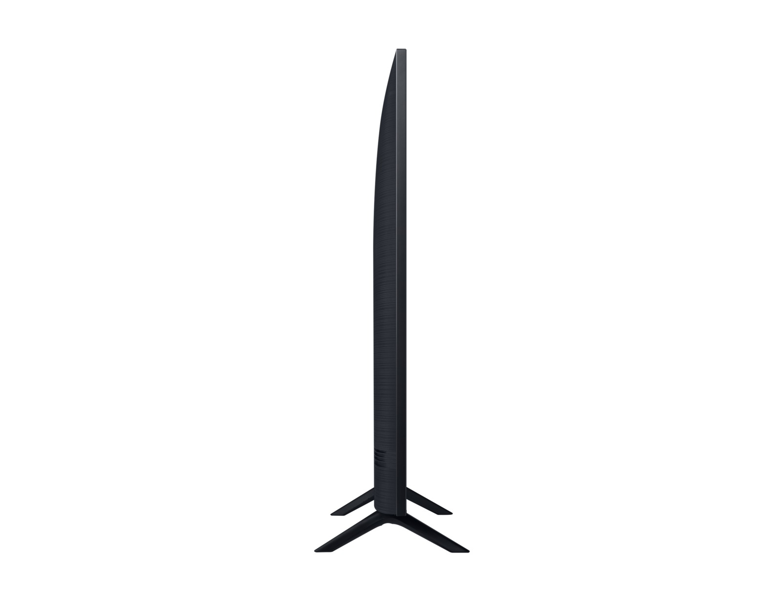 Vista laterale di una TV a schermo piatto nero, con un profilo sottile. La TV è su gambe nere, sfondo bianco.