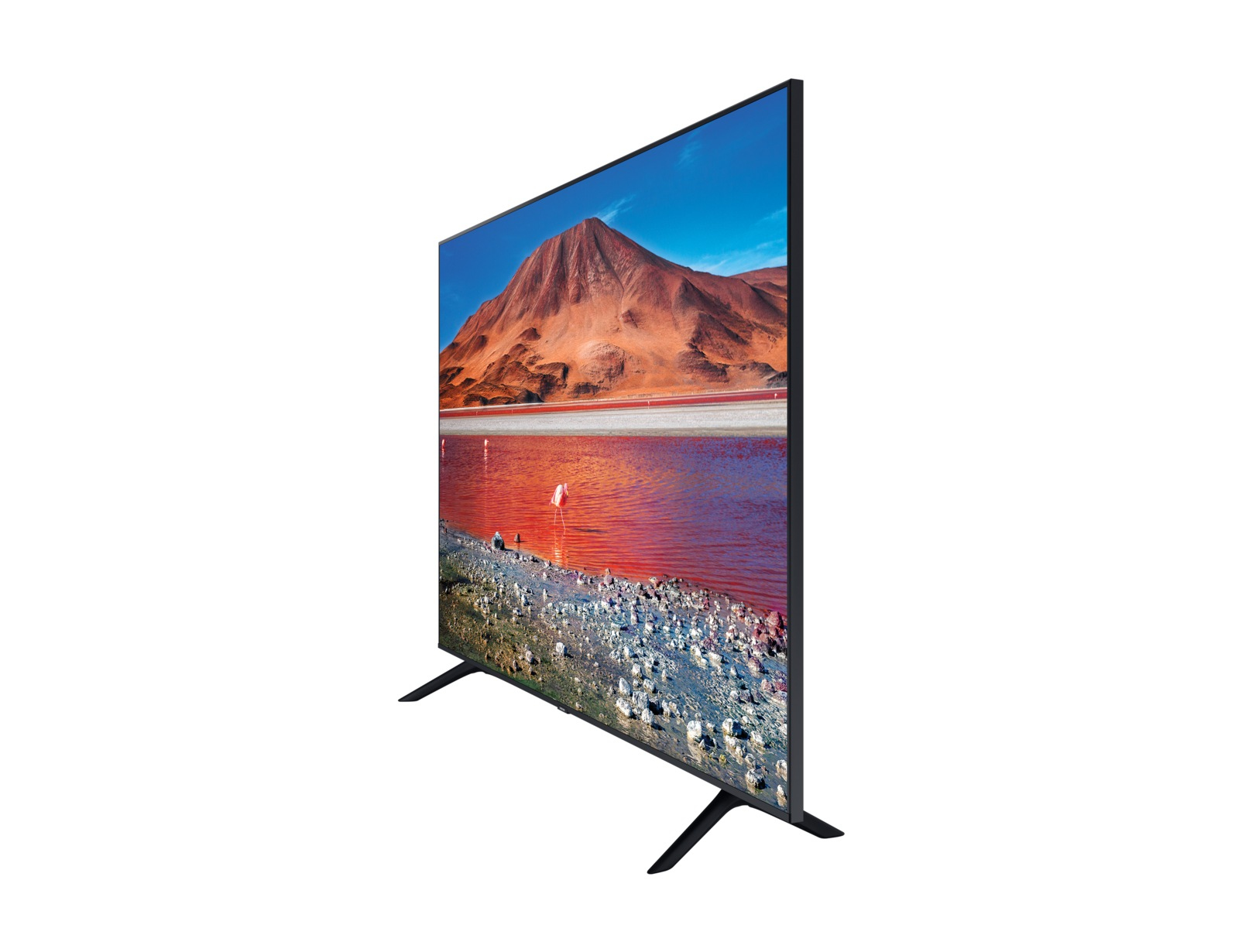 Una TV mostra un paesaggio con un lago rosso, montagne e fenicotteri rosa.